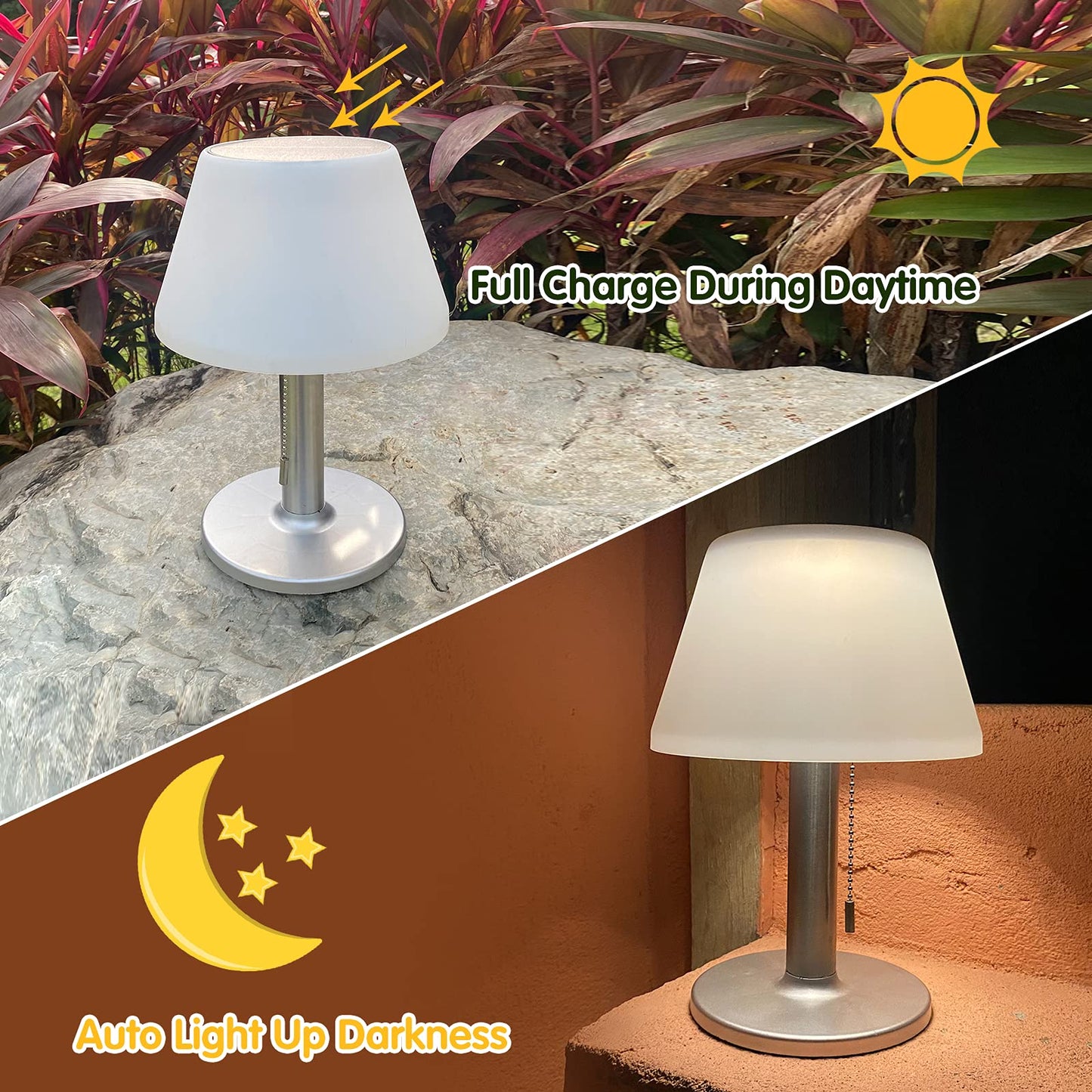 shumi Solar Table Lamp Outdoor Indoor - 3 Lighting Modes, Eye-Caring LED Waterproof Cordless Solar Desk Lamp with Pull Chain for Outside Patio Garden
