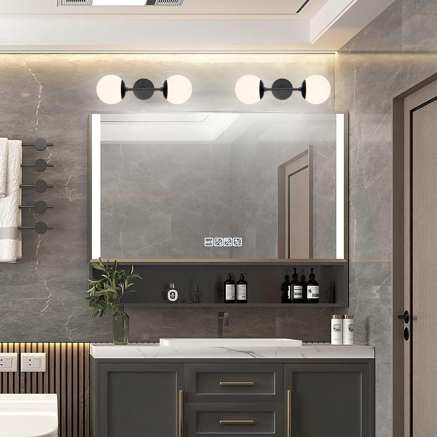 KoKo&Yukina Mid Century Modern Bathroom Matte Black Bathroom Vanity Light Fixtures Globe Sconce 2 Light Vanity Light Milky White Vanity Light Mid