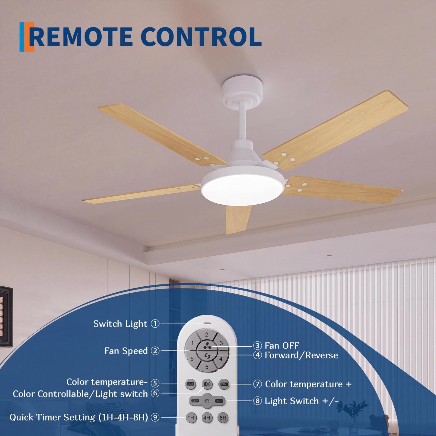 JustSmart 52 inch Ceiling Fans with Light and Remote Control