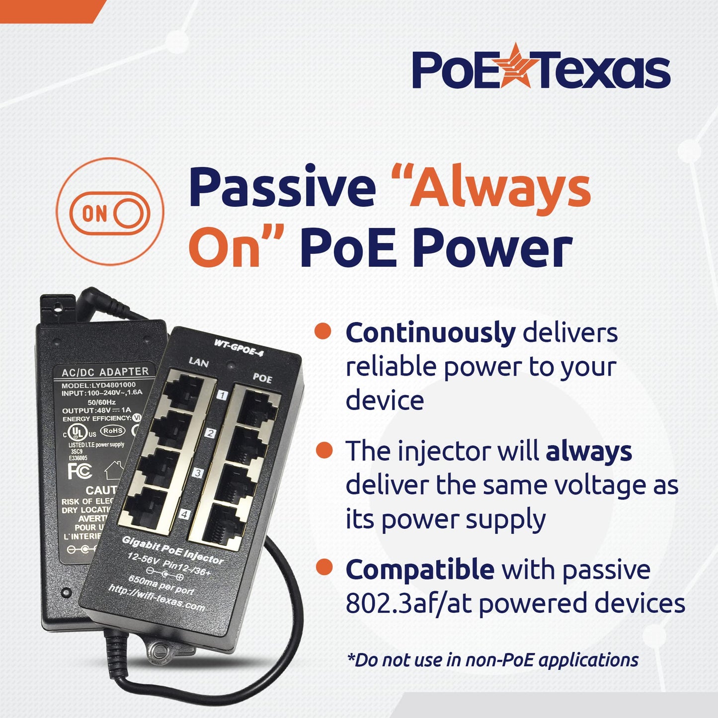 PoE Texas 4 Port PoE Injector - Gigabit Passive Power Over Ethernet with 48V 48W UL Power Supply - 802.3af PoE Injector for VoiP Phones, WiFi Access