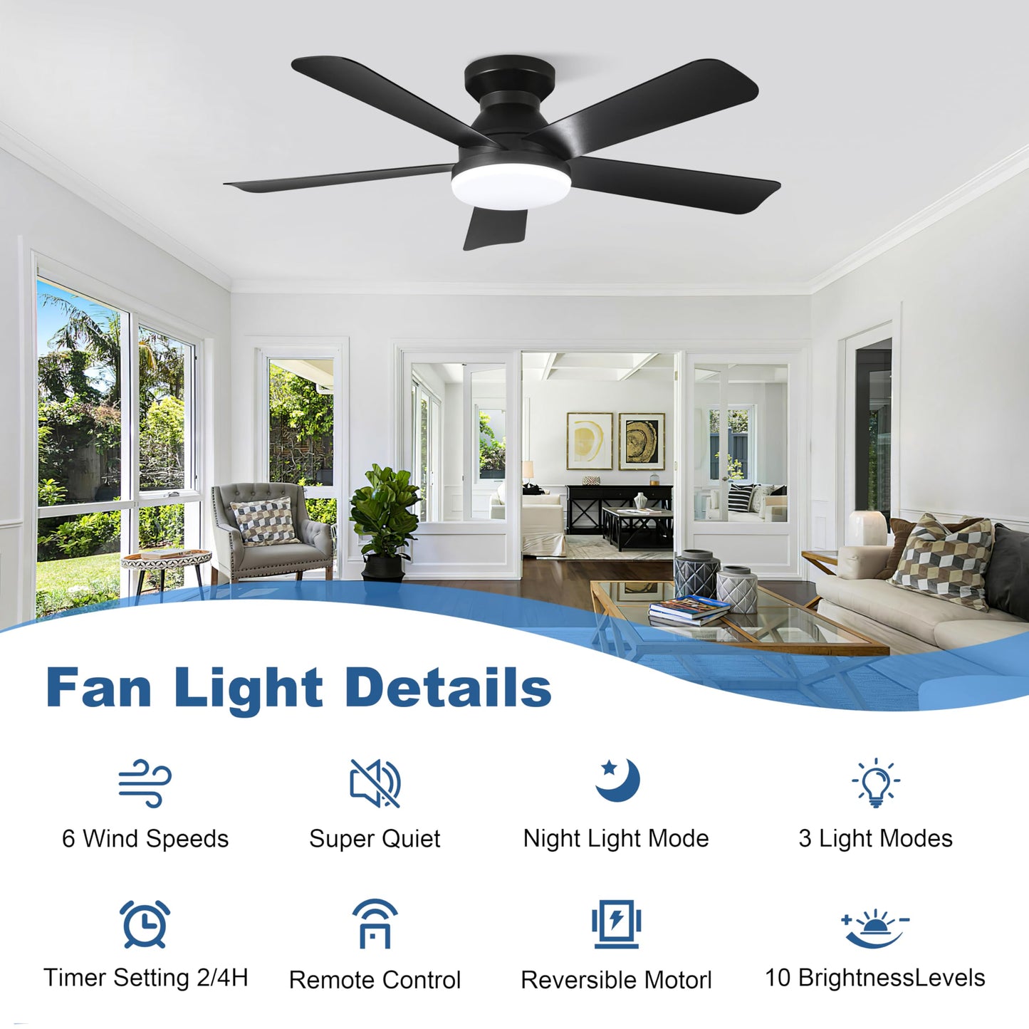Hywyimlait Black 42Inch Ceiling Fan Light with Remote Control, Flush Mount Installation, Reversible Rotation, 3 Color Temperatures, 2/4H Timer