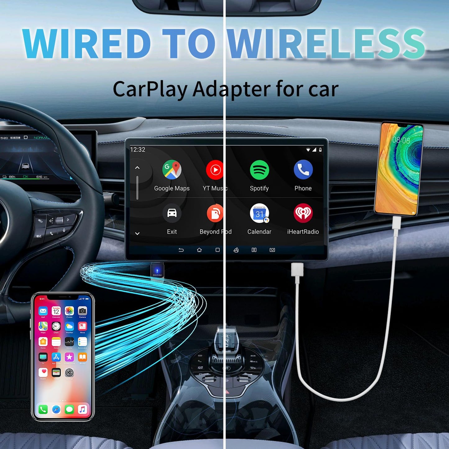 Wireless CarPlay & Android Auto Adapter - 2-in-1 Wired to Wireless Adapter, Plug & Play Mini Dongle for OEM Wired CarPlay Cars, USB-A/USB-C, Auto