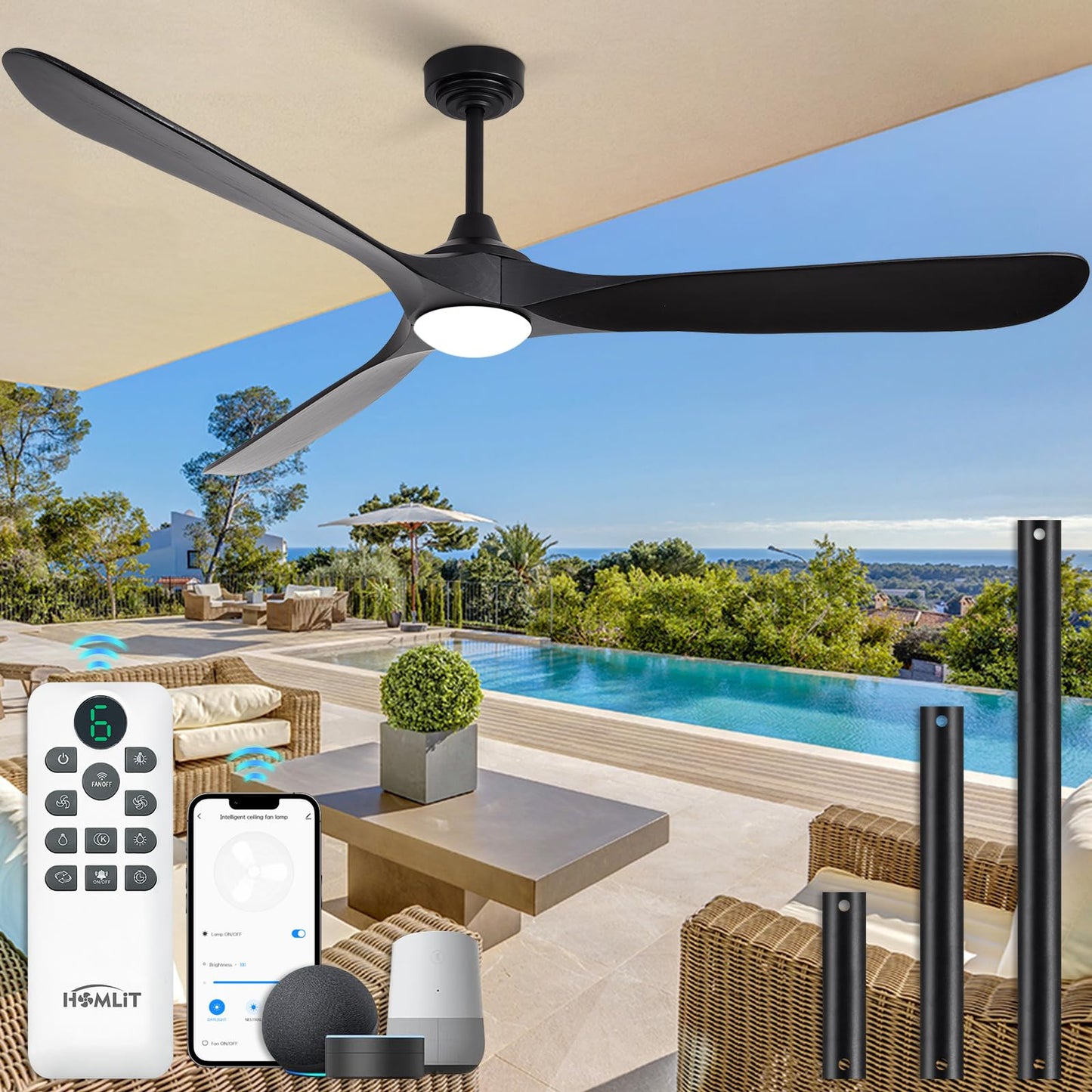 Homlit Ceiling Fan with Lights, 72'' Solid Wood Indoor/Outdoor Ceiling Fan with Quiet Reversible DC Motor, Compatible with Alexa/Google/App, 3CCT