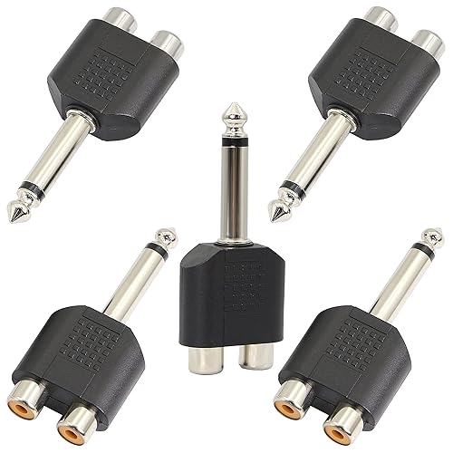 GELRHONR 6.35mm Mono 1/4 Inch Male to RCA Splitter, Stereo Jack Male to RCA Female Adapter-5PCS
