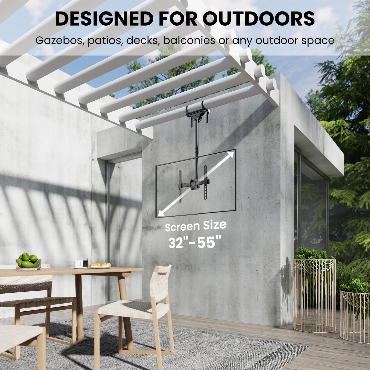 ZeboZap ZZTVC2144 Full Motion Outdoor Ceiling TV Mount Height Adjustable Hanging Mount for Patio Gazebo or Pergola Fits 32 to 55 Inch TVs with Tilt