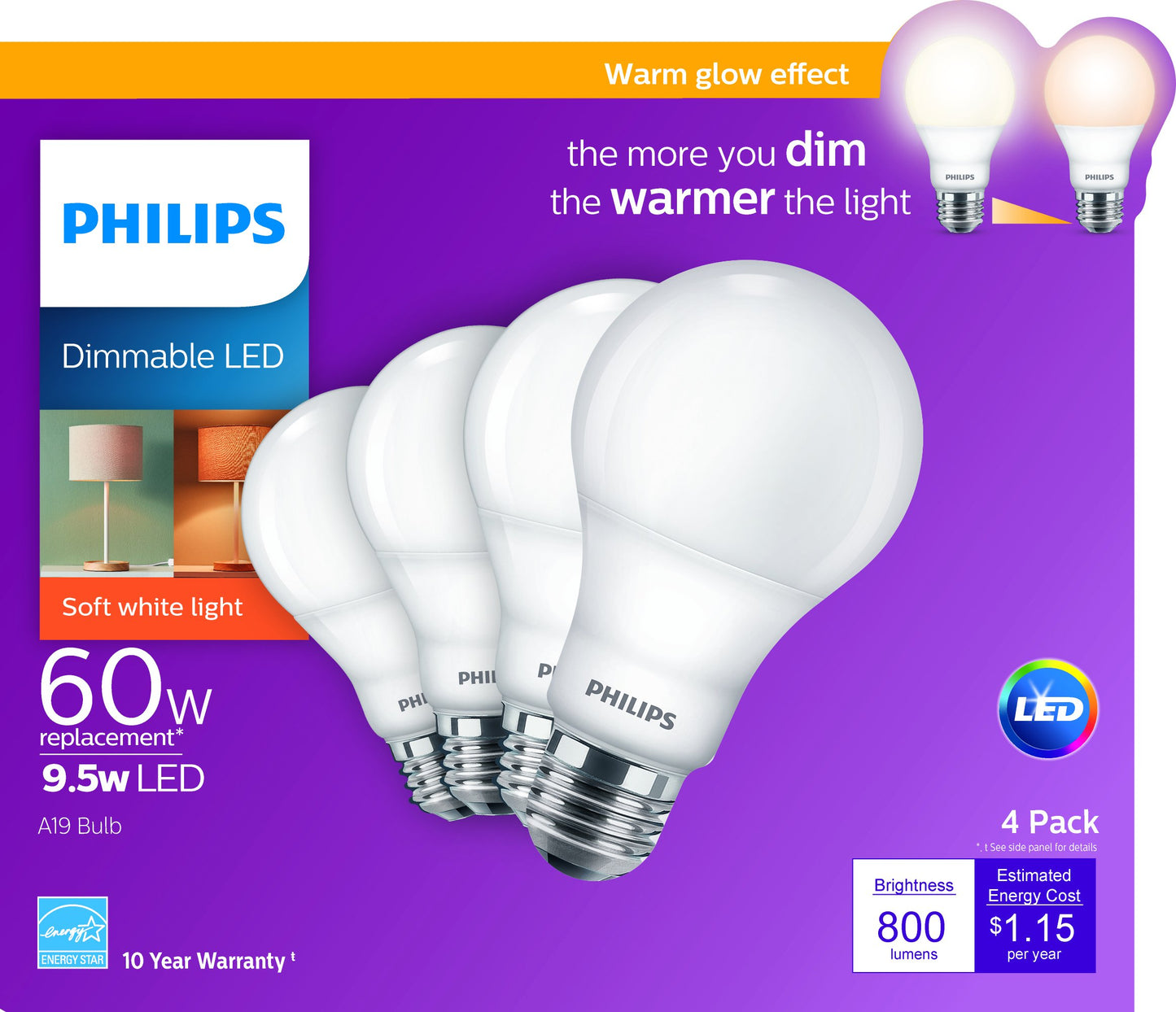Philips LED 4 Pack A19 Soft White Dimmable Warm Glow LED, 2200-2700 Kelvin, 800 Lumen, 8.8W=60W, E27 Base