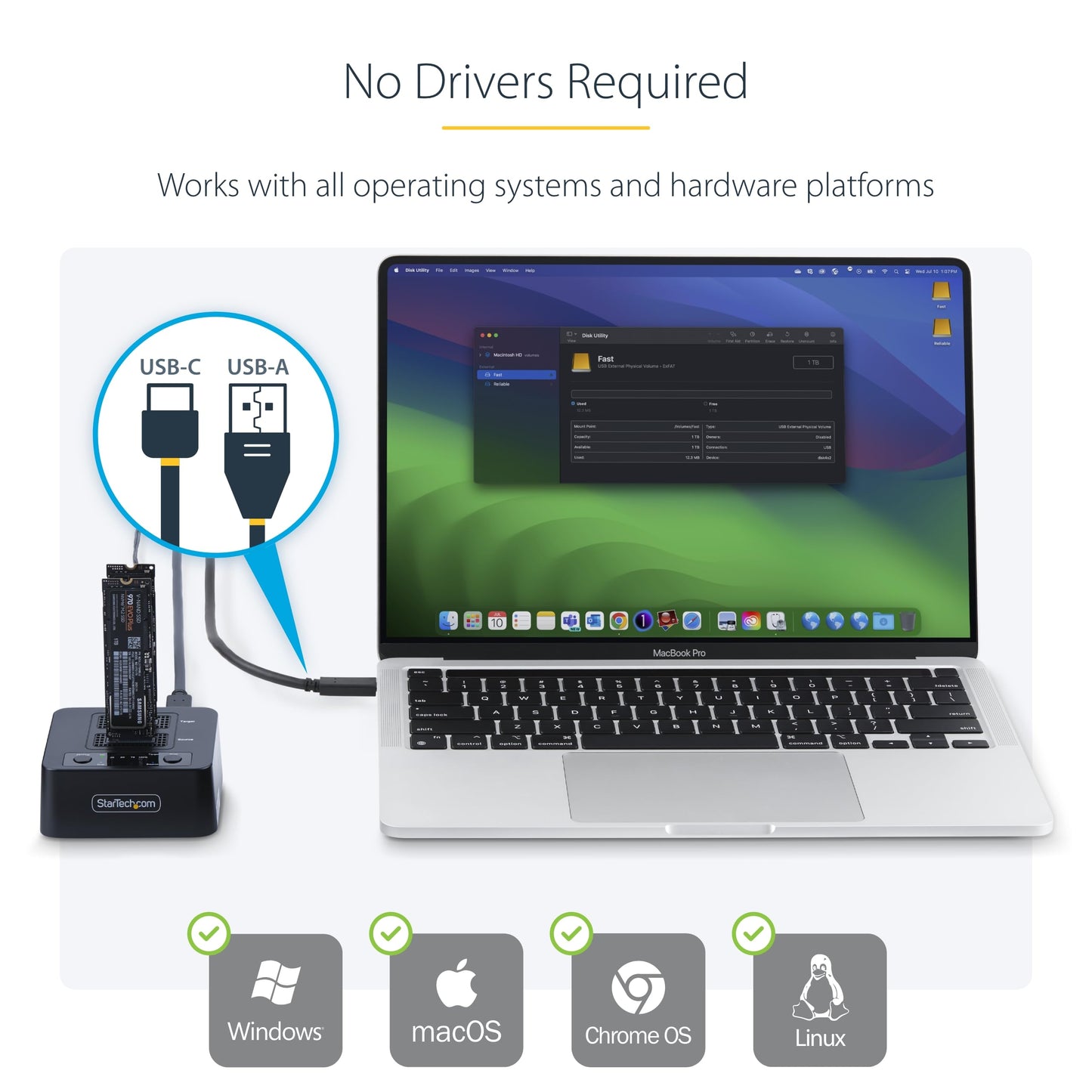 StarTech.com 1:1 M.2 NVMe Drive Duplicator, 90GBpm Standalone SSD Cloner/Copier, USB-C 3.2 20Gbps M.2 Dual-Bay Drive Dock, Black