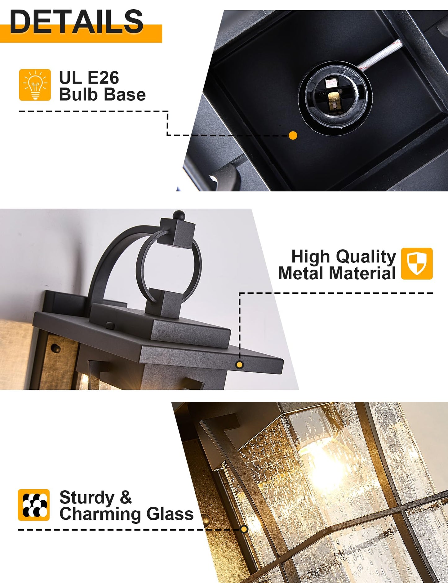 EERU 18" H Extra Large Outdoor Wall Sconce Black Large Exterior Wall Lantern Outside House Lamps Waterproof Mission Light Fixtures with Clear Seeded