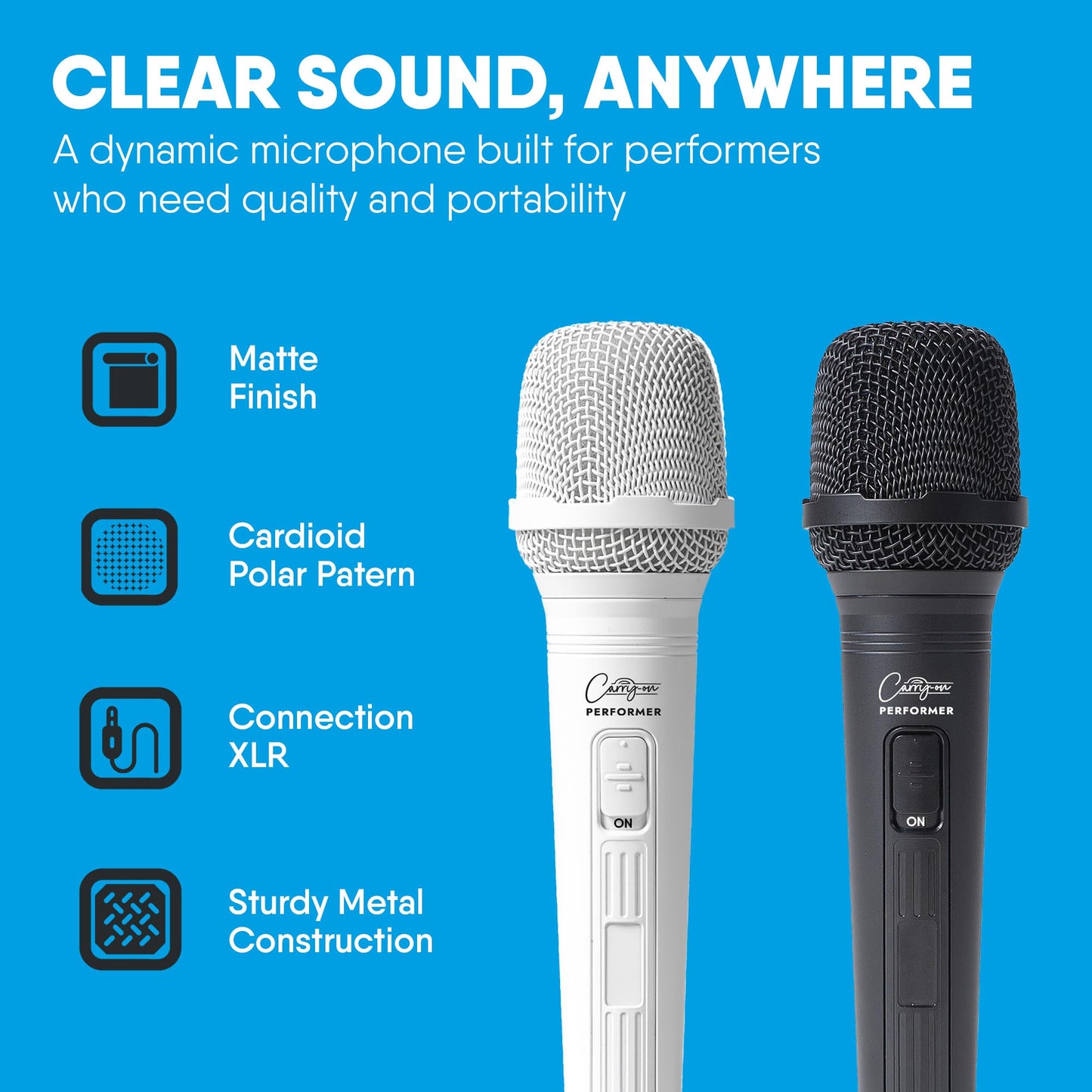 Carry-on Performer Dynamic Microphone with XRL-Jack Cable Used for Live Performance - Professional Microphone for Singing with Cardioid Focus and
