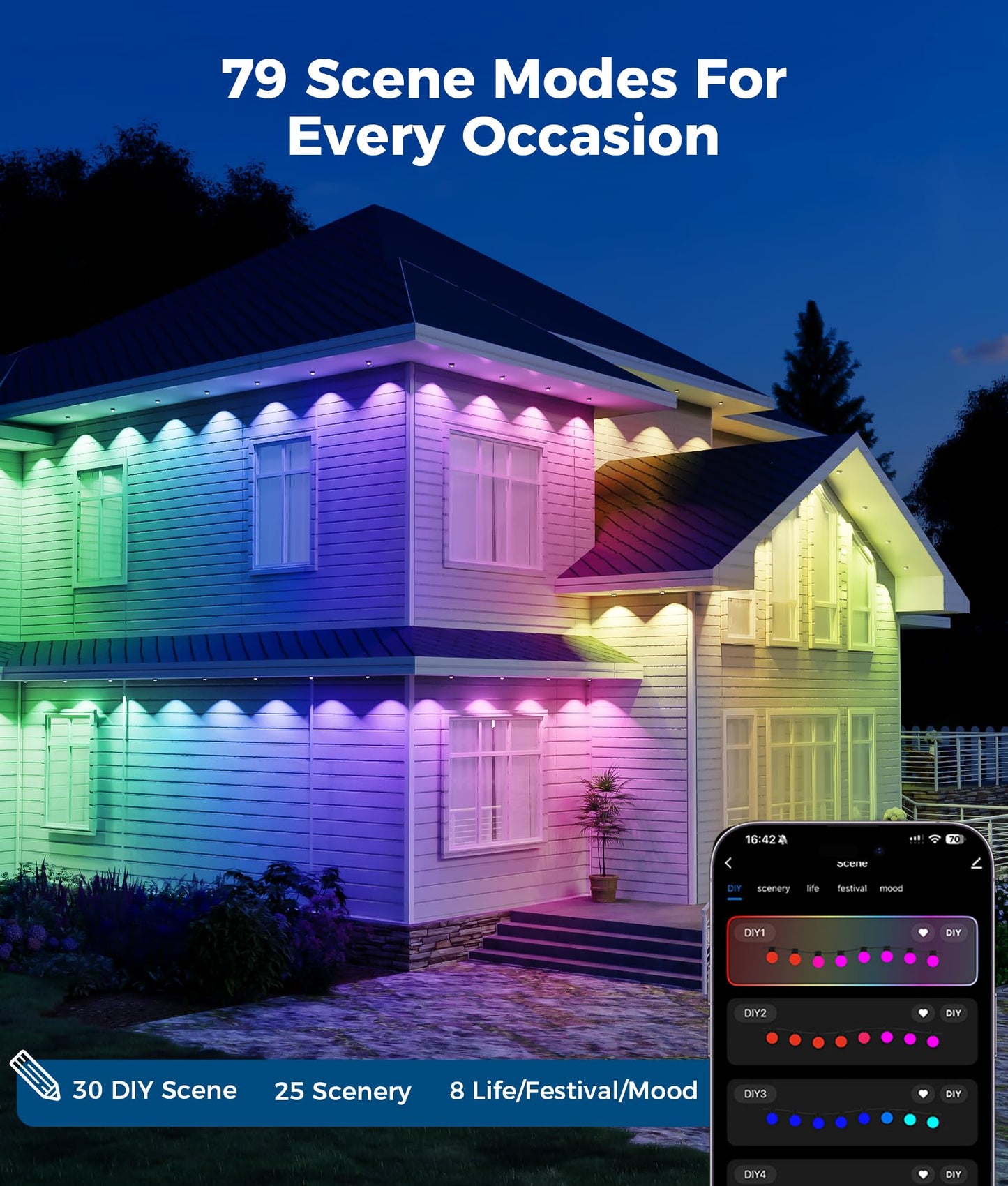 DeckTok Permanent Outdoor Lights, 100ft RGB & 60pcs LED Lights, 79 Scene Modes with Timer for Smart Outdoor Decorations, IP67 Waterproof Works