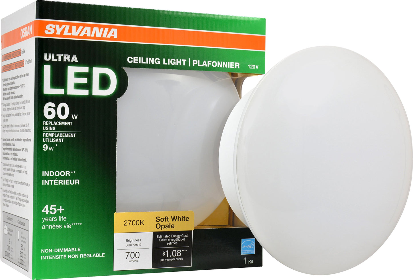 Sylvania Ultra LED Porcelain Ceiling Light Fixture, 60W = 9W, Non-Dimmable, Medium Base, 2700K, Soft White - 1 Pack (75080)