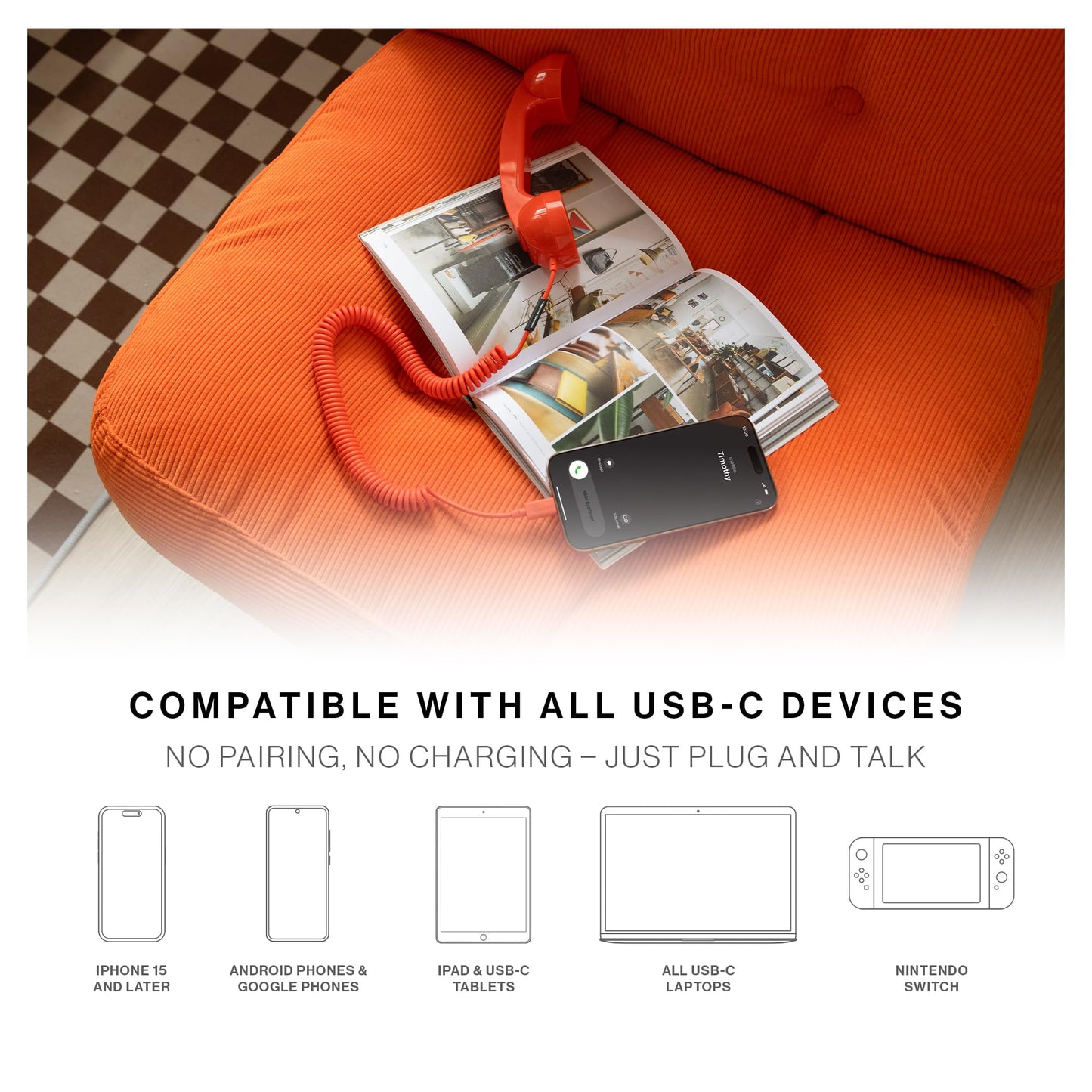 Native Union Pop Phone - Retro Telephone Handset with Mic & Speaker, USB-C for iPhone, iPad, Laptop, Tablet, Samsung S25, Flip 7, Fold 7 - Hybrid