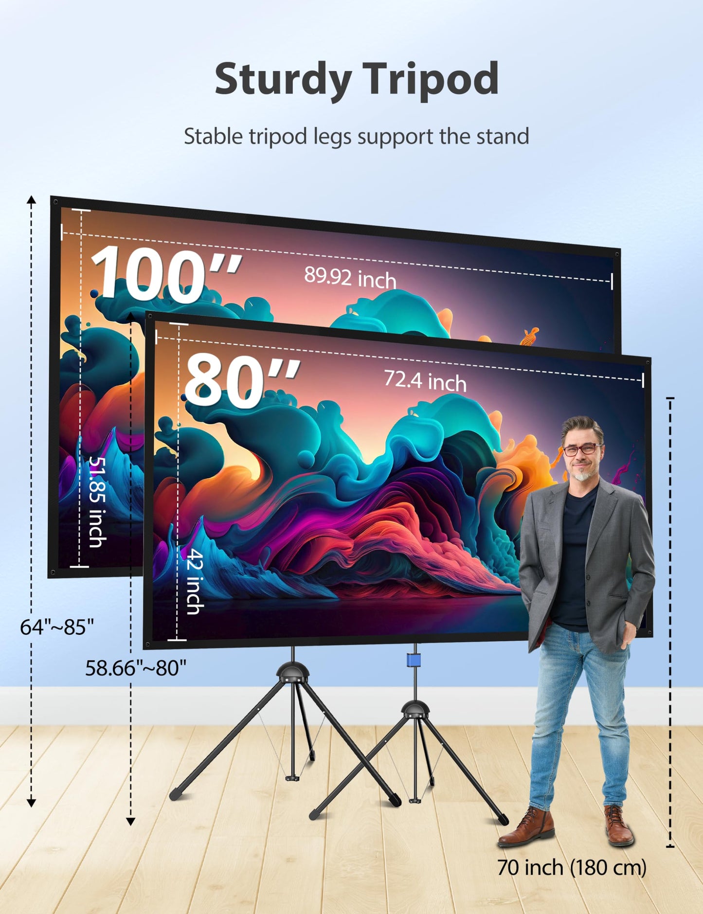 Projector Screen with Stand, Paris RHÔNE 80-inch Outdoor Indoor Projector Screen 16:9 4K HD PVC, 1.5 Gain Portable Wrinkle-Free Movie Screen for Home