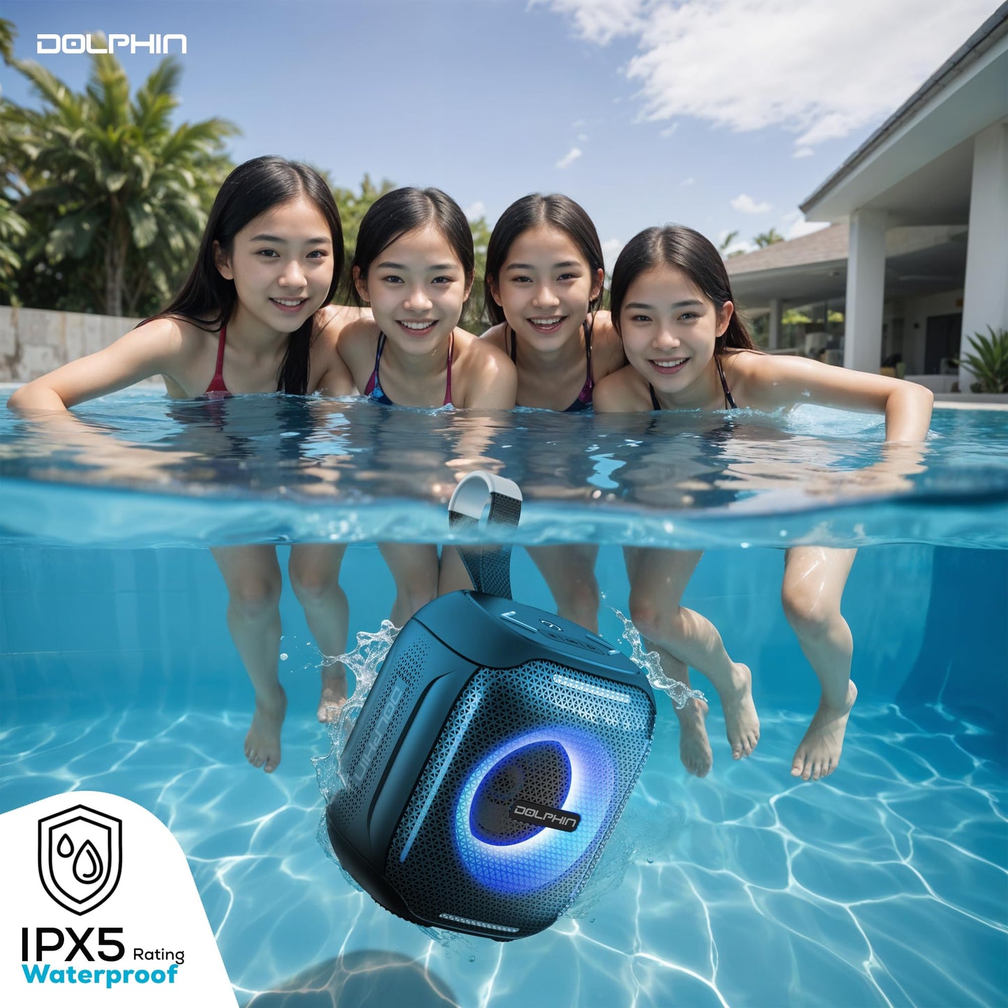 Dolphin S10 Water Resistant Portable Bluetooth Speaker with LED Lights, 5W Output, IPX5, 6-Hour Playtime, Compact Design, for Outdoor, Travel, Beach