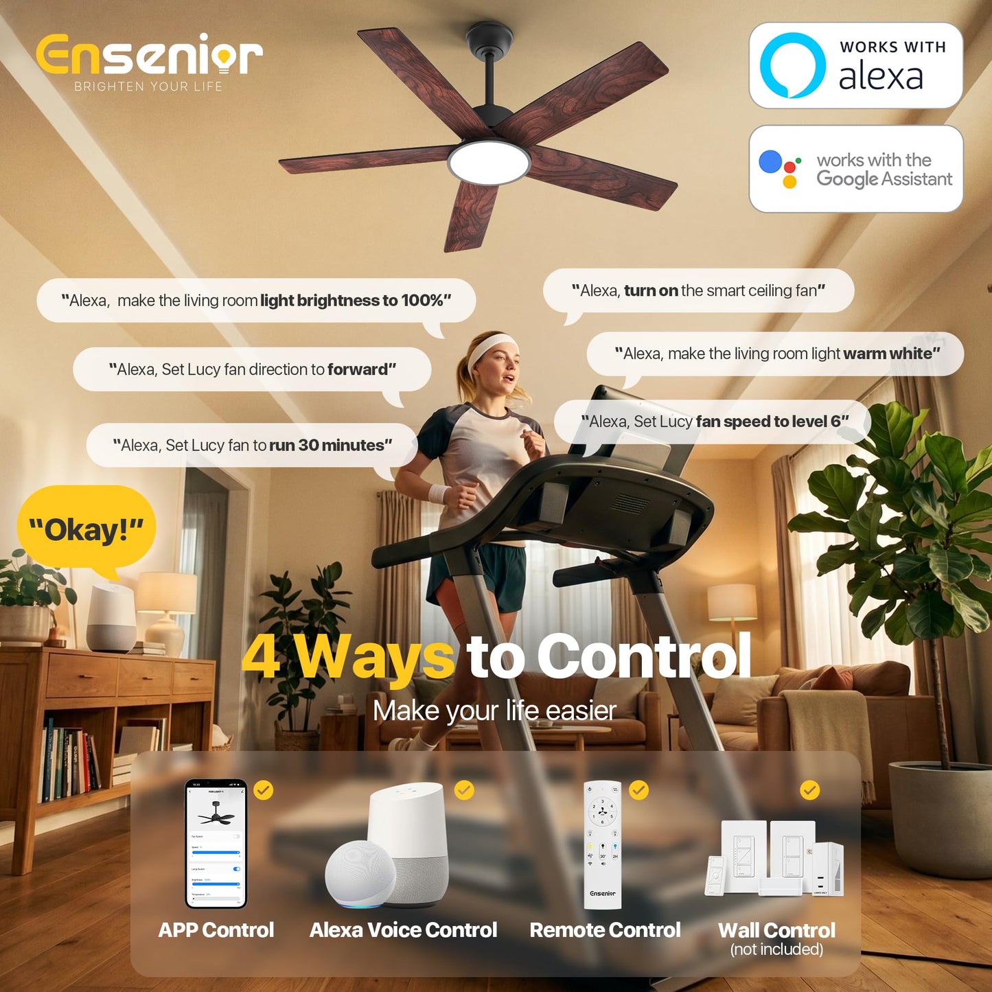 Ensenior 52 Inch Smart Ceiling Fans with Lights, 3-Way Control, 5-Blade | Alexa & App & Remote control, Quiet Reversible Motor, < 30 dB, Dual-finish