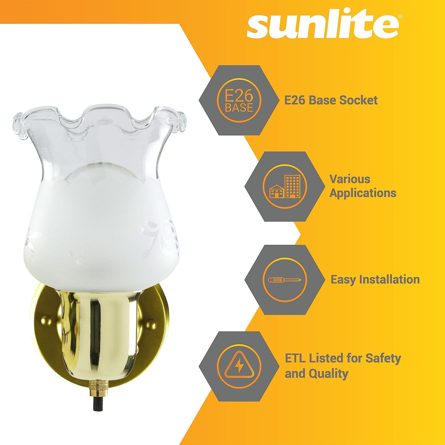 Sunlite 04530 4.5-Inch Tulip Shaped Wall Mount Light Fixture, Polished Brass Finish, 60W A19 Max Bulb, Medium E26 Base, 120 Volts, Built-in Switch