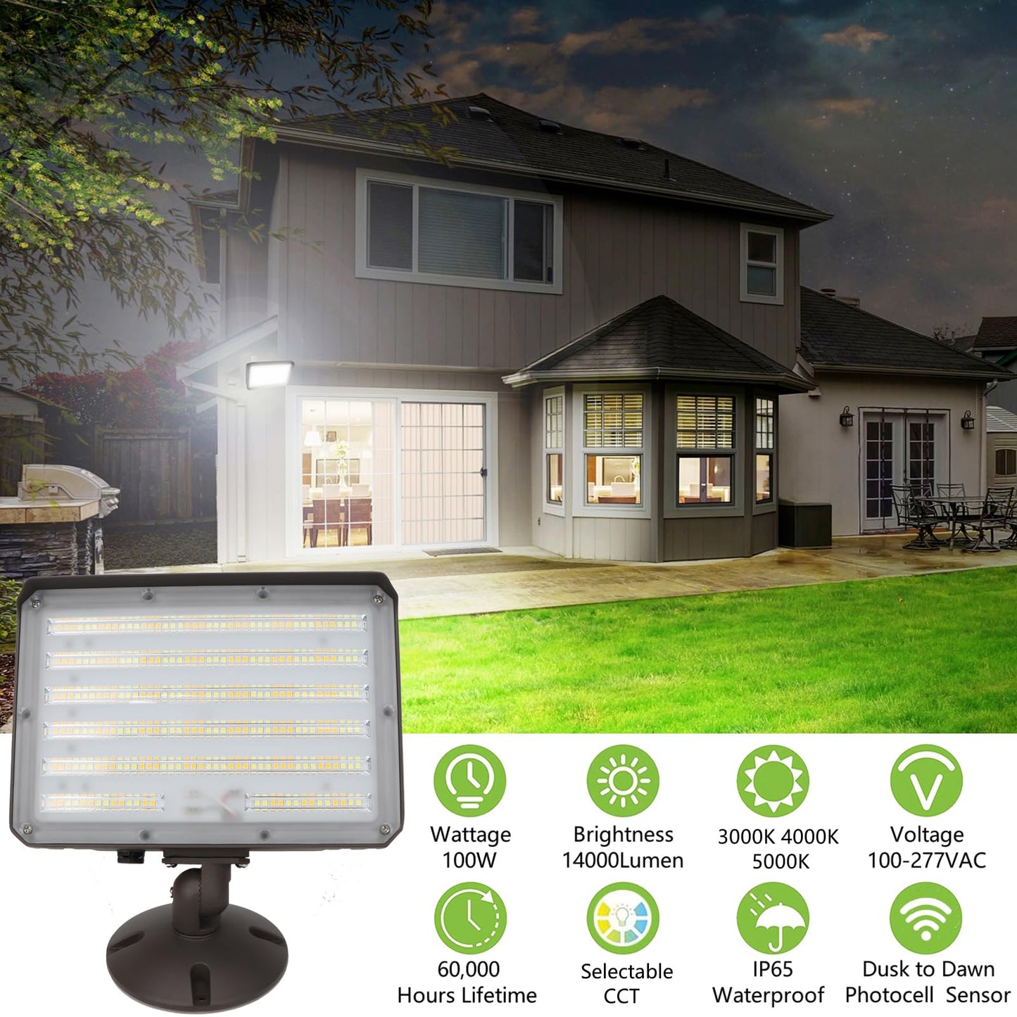 WHLED 2Pack Dusk to Dawn Outdoor 100W LED Flood Light with Knuckle & Plate Mount, 3000K/4000K/5000K Color Selectable, ETL Commercial LED Security