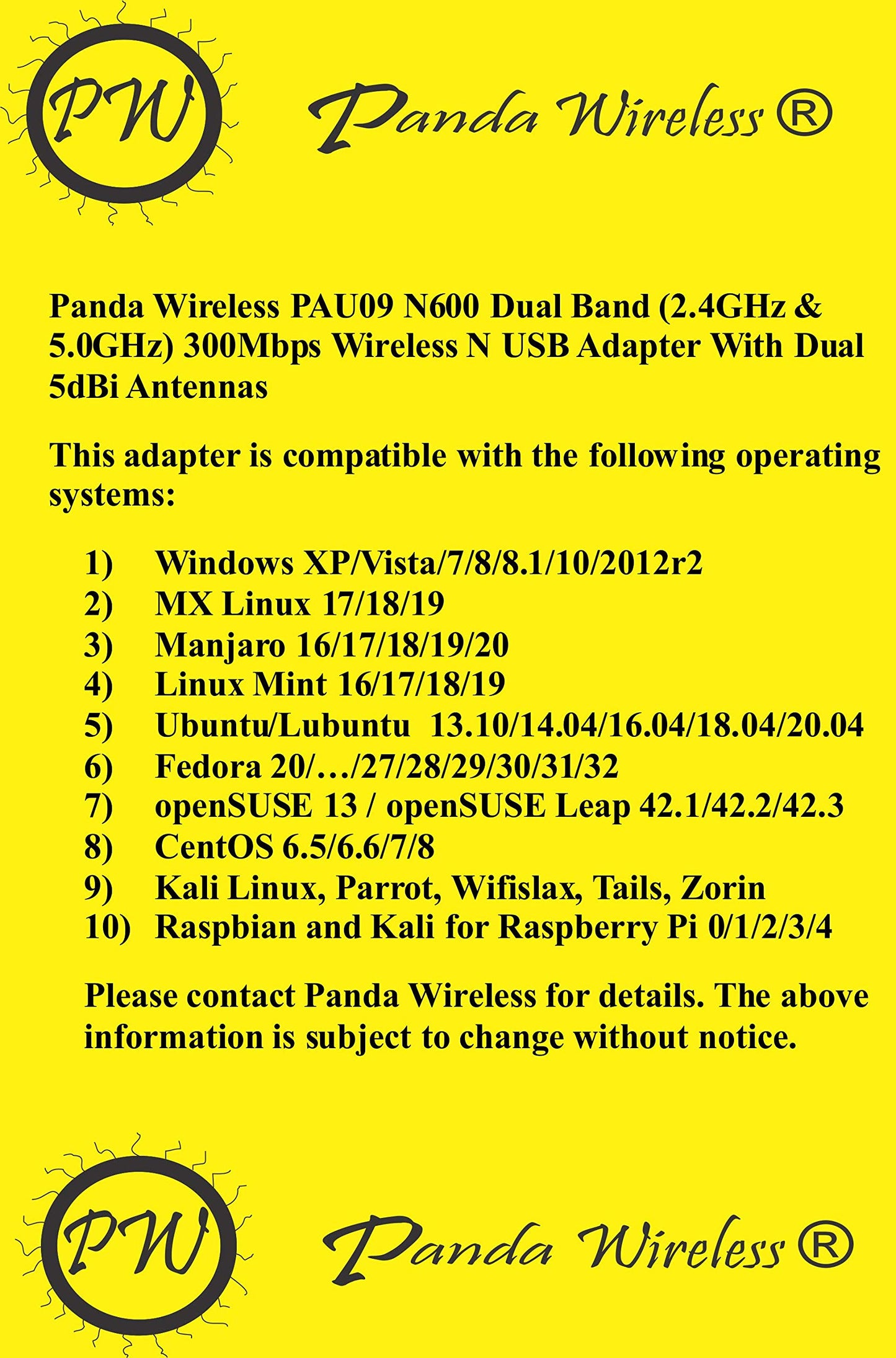 Panda Wireless PAU09 N600 Dual Band (2.4GHz and 5GHz) Wireless N USB Adapter W/Dual 5dBi Antennas - Windows 7/8/10/11, Zorin, Mint, Ubuntu, openSUSE