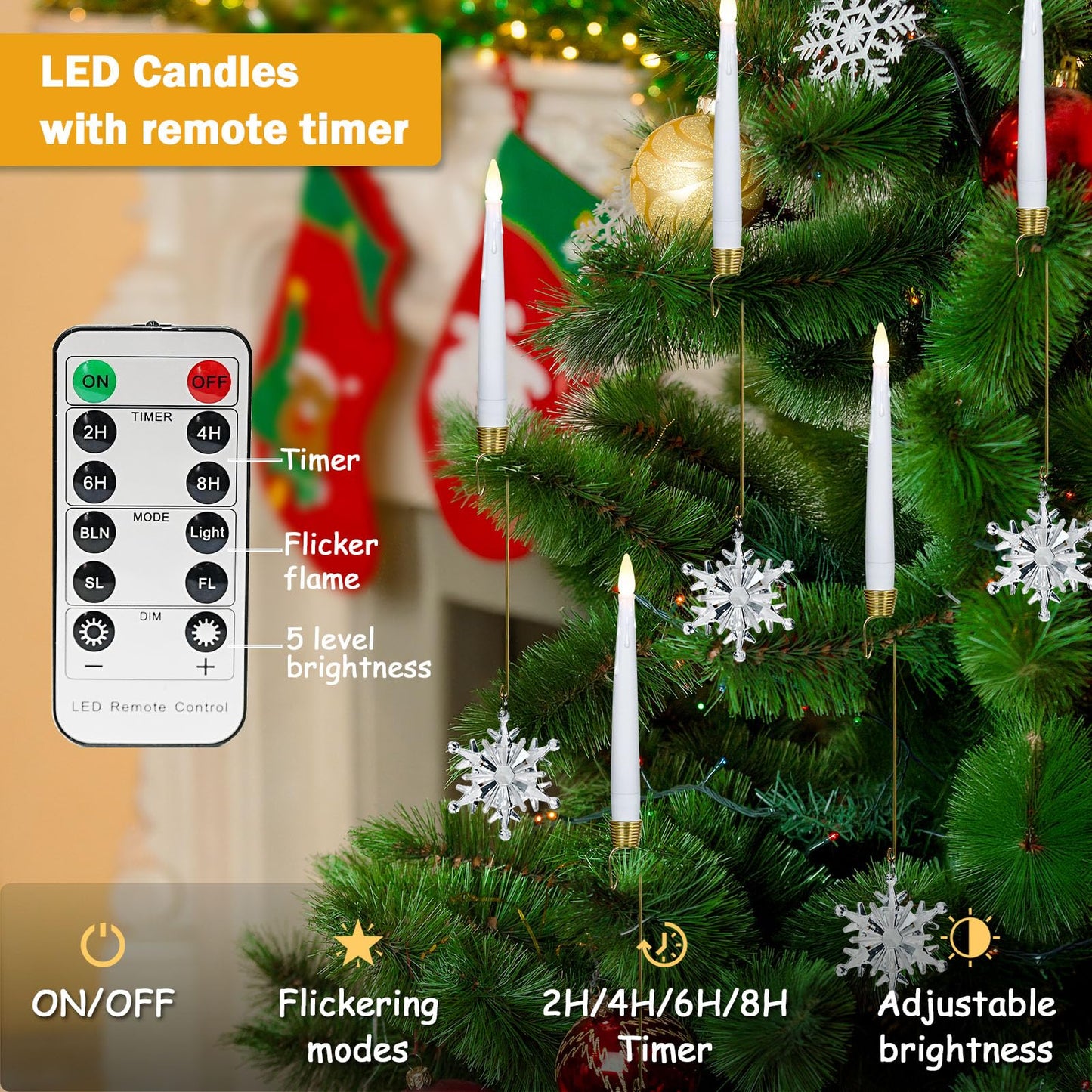 FPOO Christmas Tree Candles, 12 Pack Flameless Taper Candle for Christmas Tree Decor - Battery Operated Candlestick w/Crystal Ball Hook for Holiday
