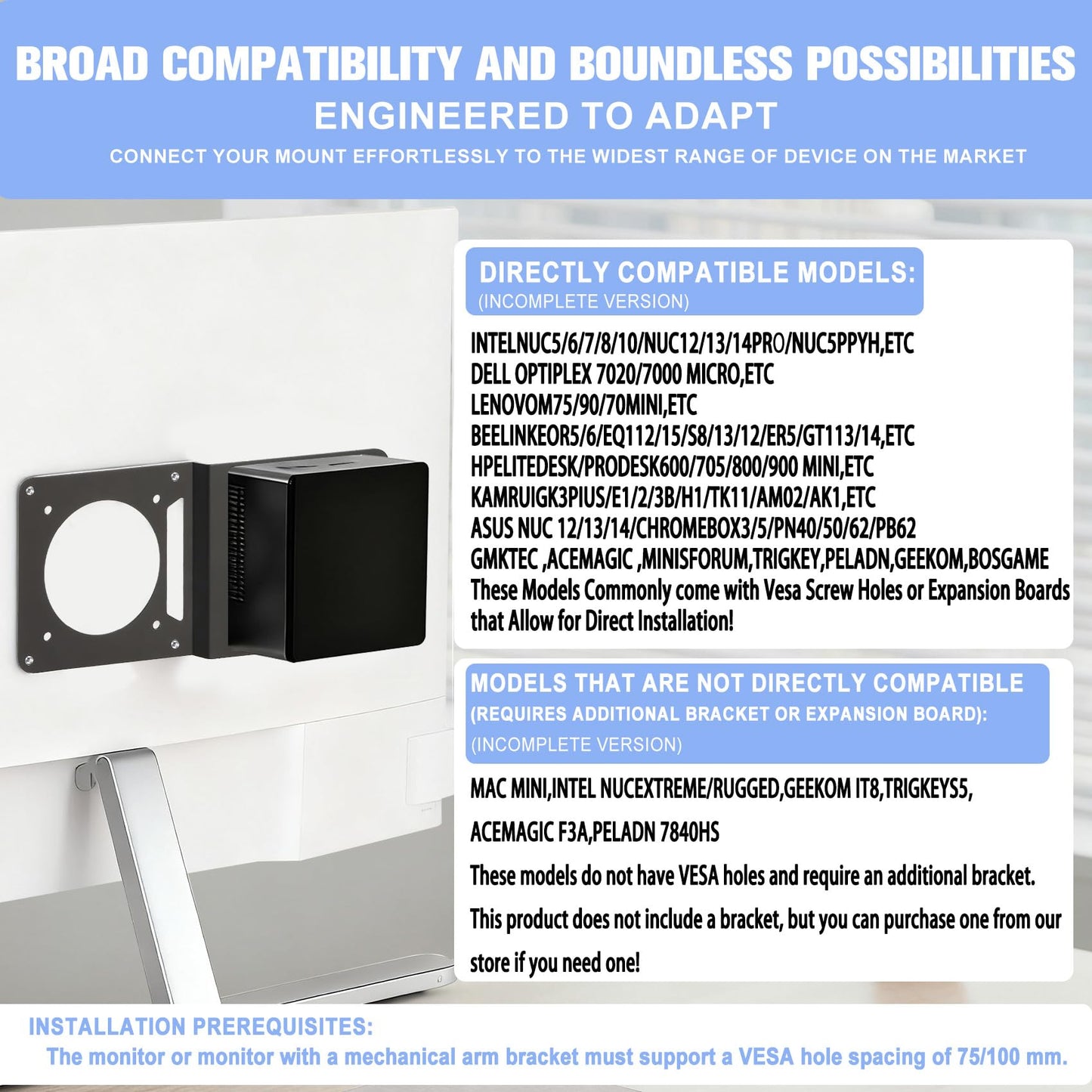 Freejia VESA Bracket 75x75 and 100x100 for Intel NUC, VESA Mount Extender Monitor Arm Extension Plate Adapter Fits VESA Pattern for Mini PC Computer