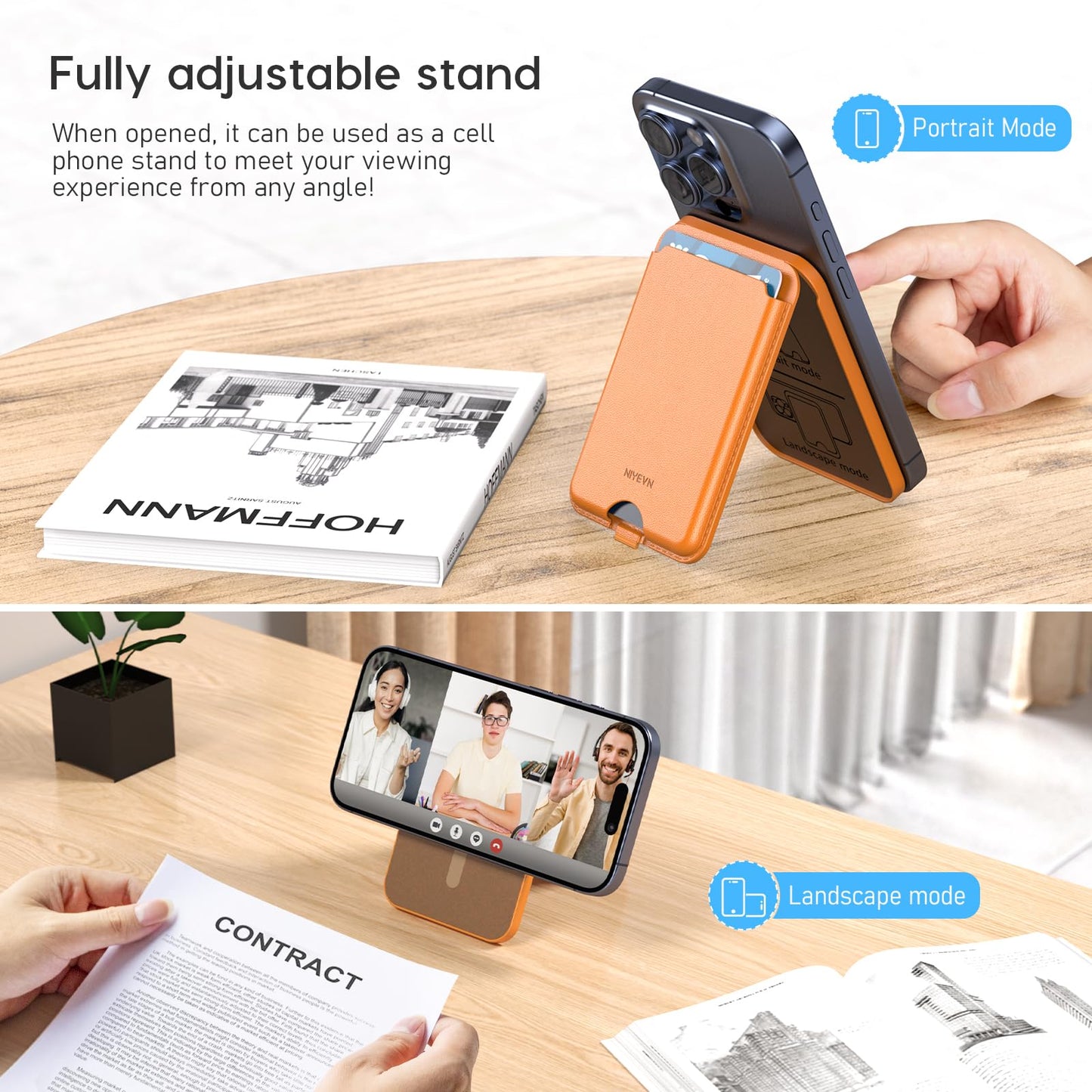 NIYEVN Magnetic Cardholder Wallet for iPhone - Leather Cellphone Magnet Wallet with Adjustable 3 Card Holder Stand Compatible with MagSafe for Back