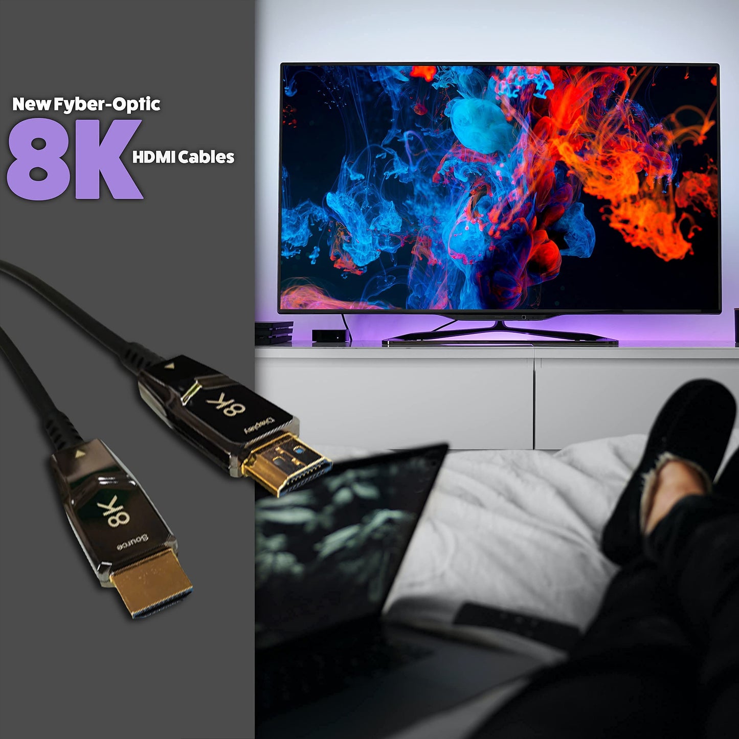 Pacroban HDMI Cable 50ft Ultra High Speed Fiber Optic HDMI 2.1, eARC, 48Gbps, Slim, Active Uni-Directional, 4K@120Hz / 8K@60Hz, in-Wall & Conduit Use