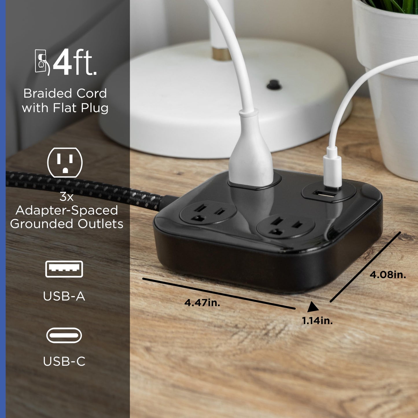 GE UltraPro 3-Outlet Surge Protector with USB, 245 Joules, 1 USB-A & 1 USB-C Port, 4ft Braided Extension Cord, Flat Plug, Adapter-Spaced Outlets, ETL
