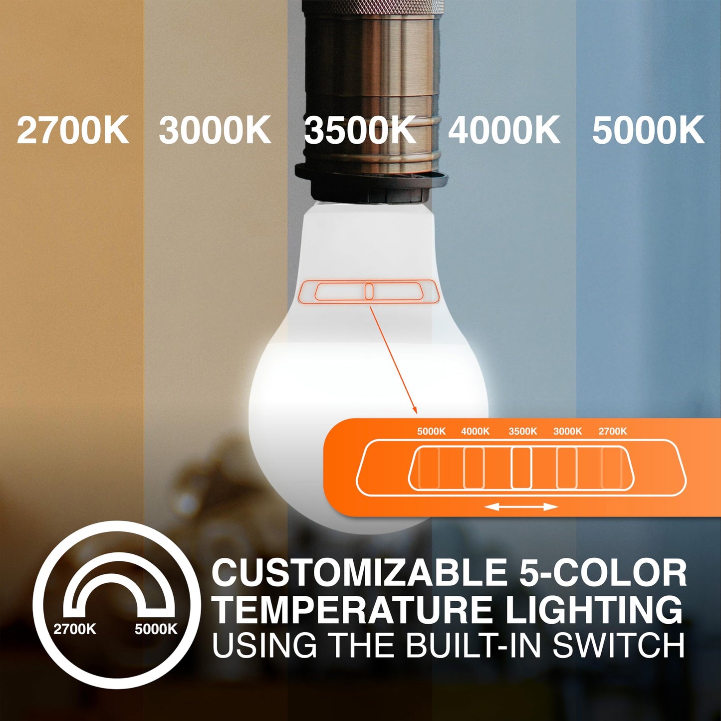 Sylvania A19 10W = 75W LED Light Bulb, 5 Color Temperature Select (2700/3000 / 3500/4000 / 5000K), 1100 LMS, Medium Base, Frosted - 8 Pack (42557)