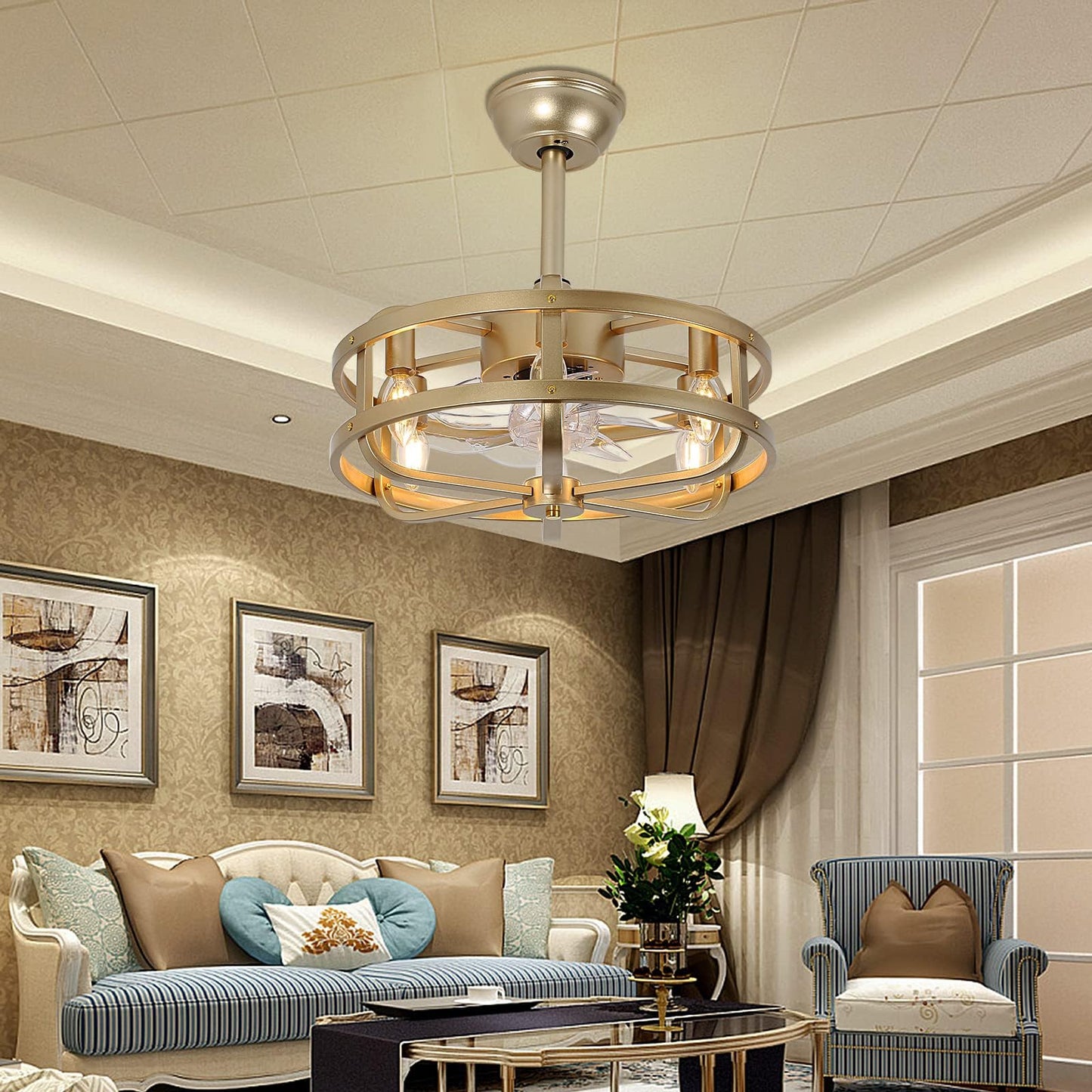 SMLERAY 18" Gold Bladeless Ceiling Fan with Light, Caged Fandelier with Remote Control, 6-Speed Reversible Motor, Low Profile for Bedroom, Kitchen