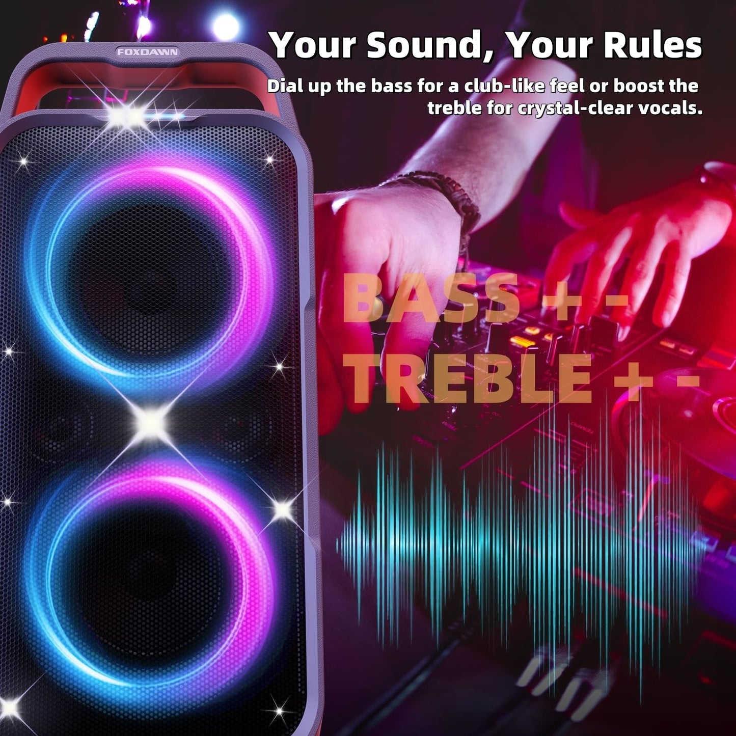 Foxdawn Portable Bluetooth Speaker: 240W Peak Powerful Loud Sound Deep Bass Wireless Boombox Large Subwoofer 15 Hours Battery Life Fast Charging
