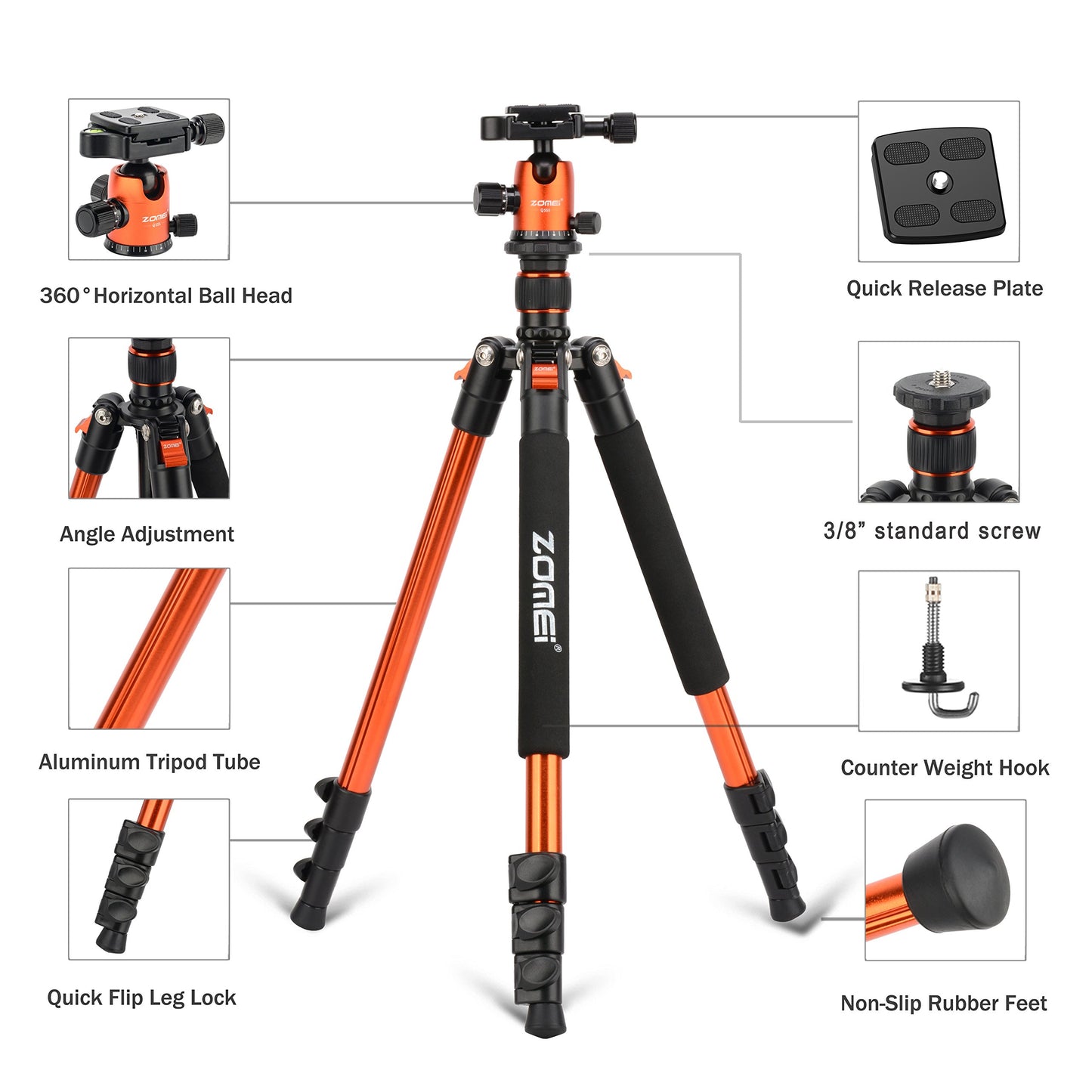 Zomei Q555 62.5'' Camera Tripod,Foldable Lightweight Aluminum Travel Tripod Stand with 360 Degree Ball Head for Vlog Nikon Canon Sony All DSLR