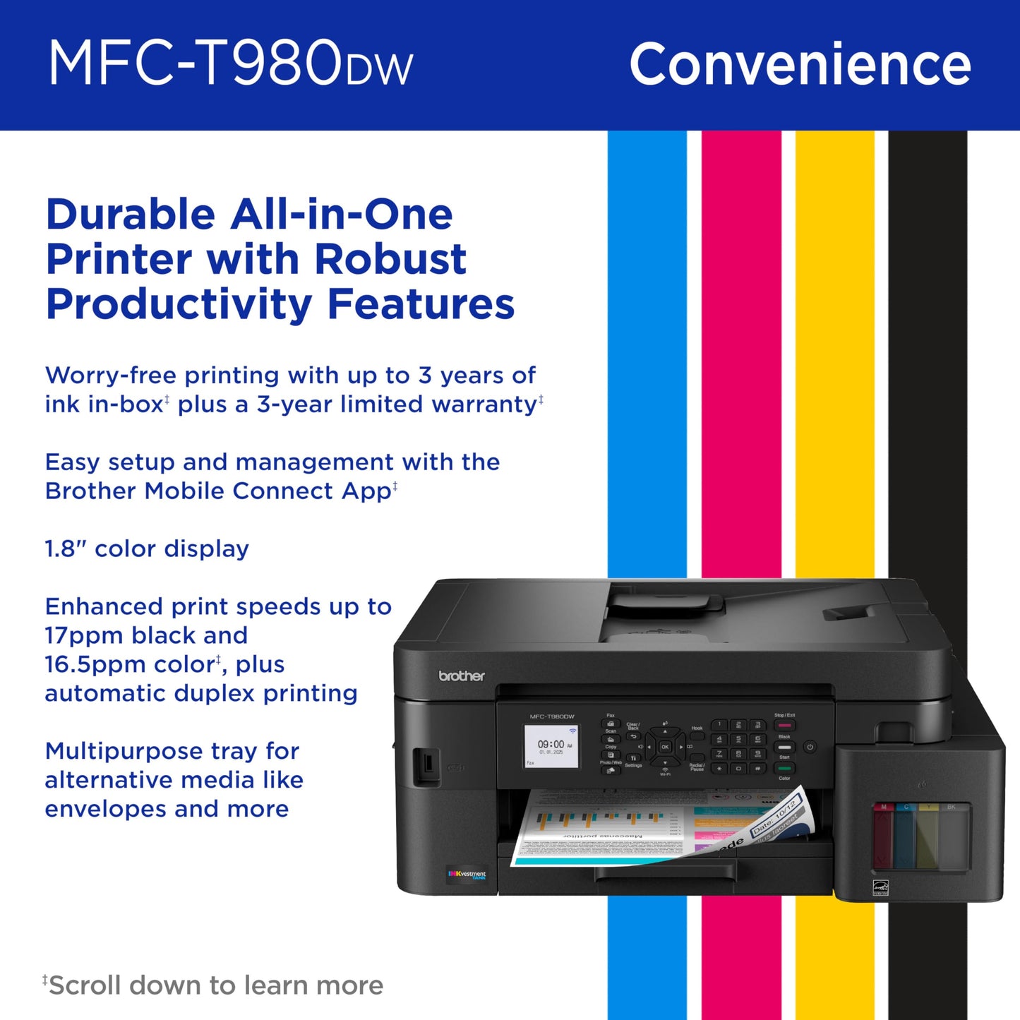 Brother INKvestment Tank 980 Wireless and Ethernet Color Inkjet All-in-One Printer with Multipurpose Tray | Includes up to 3 Years of Ink in-Box(1)