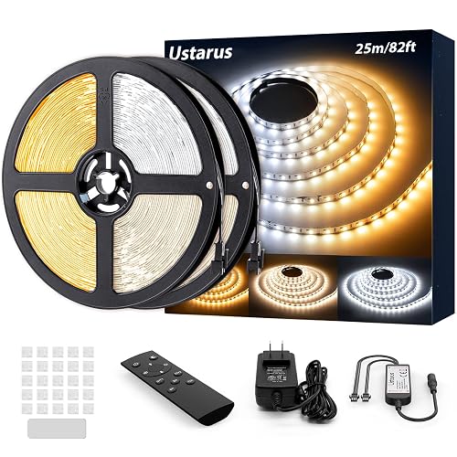 Ustarus White LED Strip Lights 82ft 24V Dimmable 3000K-6000K LED Tape Rope Light with Remote Flexible 2835 LED Ribbon for Kitchen Under Cabinet Mirror