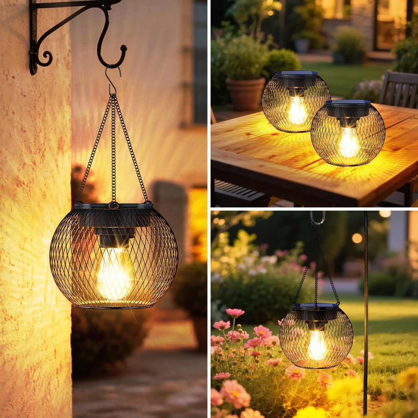 TANCUZO Solar Lanterns Outdoor Waterproof 4 Pack, Upgraded Metal Solar Hanging Lights with Hooks & Auto On/Off, Brighter Warm Outdoor Hanging Lantern