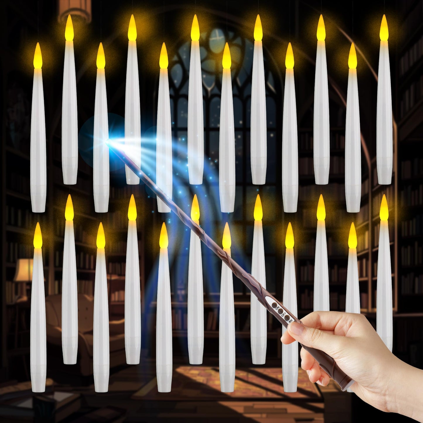 WYZworks 24pk Magical Floating LED Candle with 2 Wand Remote (6/18H Timer), 6.1" Hanging Flameless Flickering Taper Candles Battery Operated