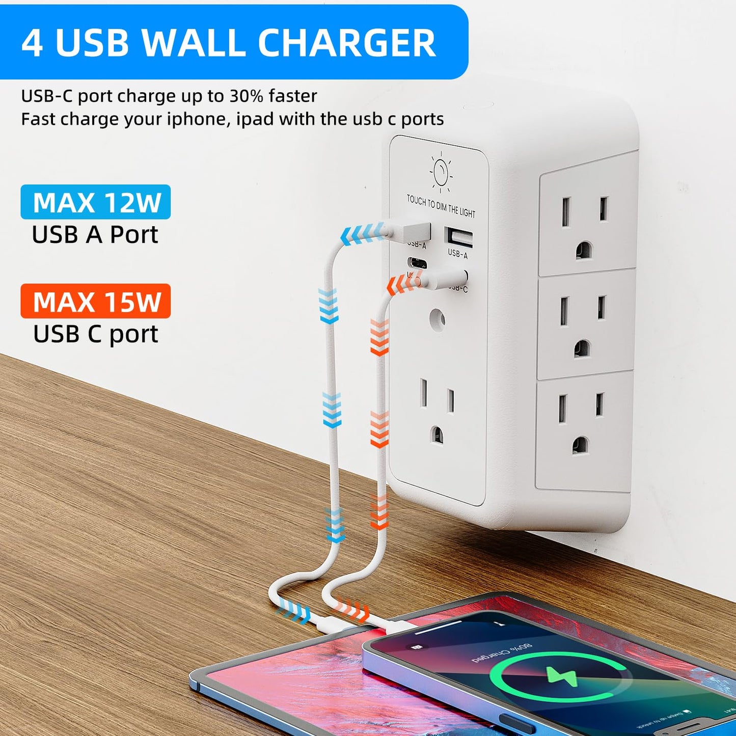 Multi Plug Outlet Surge Protector, 7 Outlet Extender with Night Light, USB Wall Charger with 2 USB C and 2 USB Ports, Surge Protector Power Strip