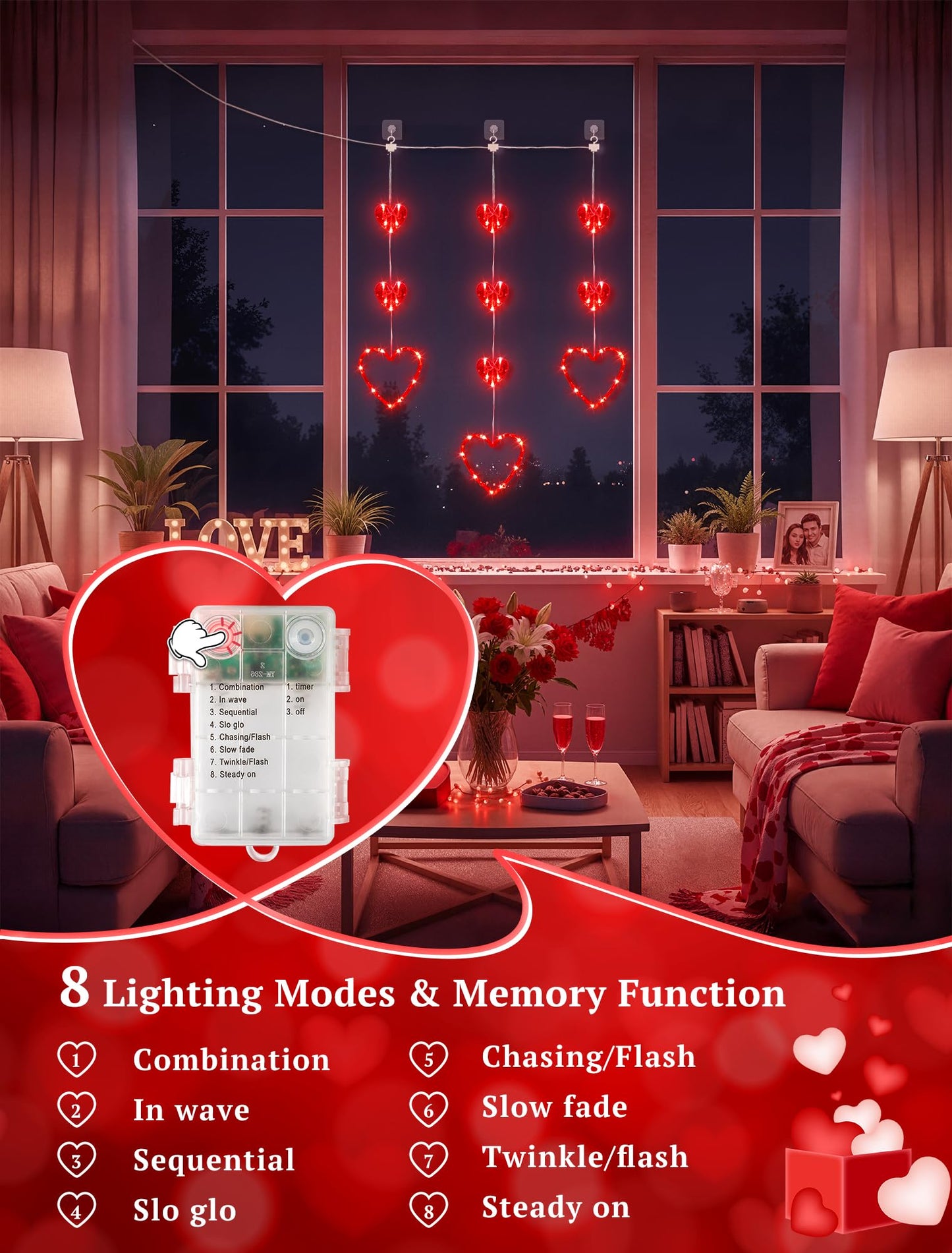 YOUNGAR Valentine's Day Heart Window Lights, 5FT 65LED Battery/USB Powered with Timer, Waterproof with 8 Modes Memory for Home Bedroom Birthday Party