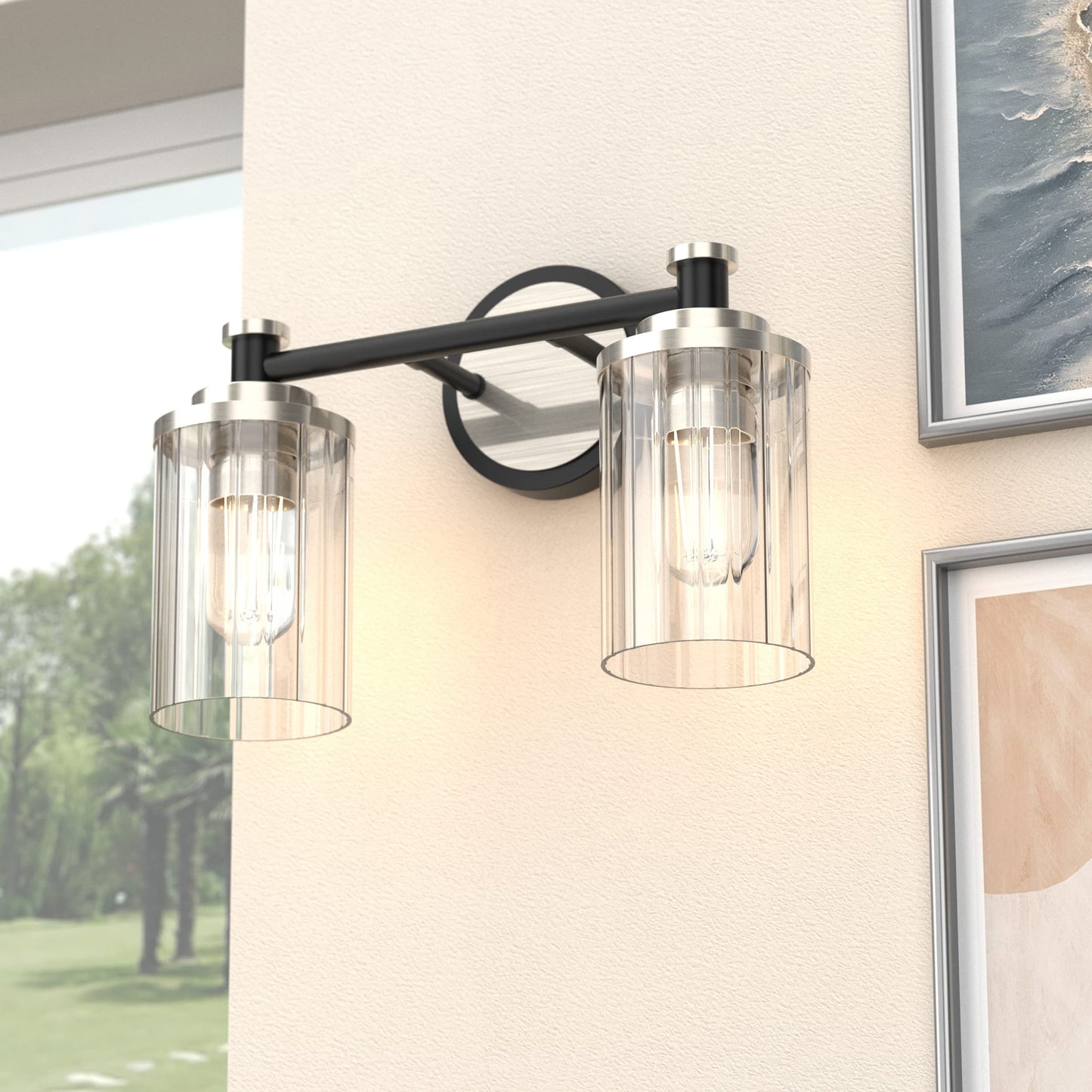 PHIXART Bathroom Lighting Fixtures Black and Brushed Nickel Bathroom Vanity Light with Cylindrical Clear Stripes Glass Lampshade E26 Socket Base