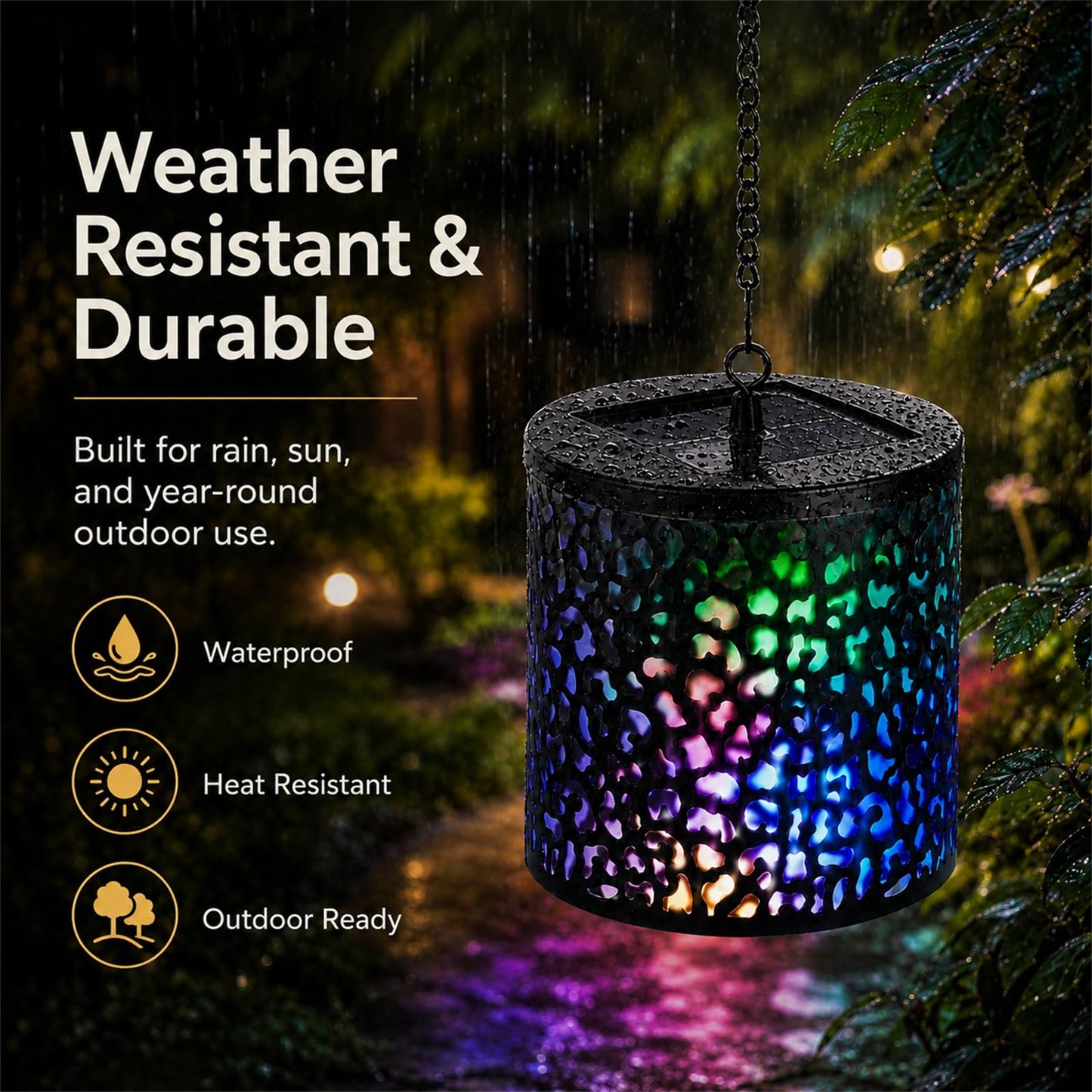 Hanging Solar Lights Outdoor Waterproof: RGB Hanging Lights with S Hooks Decor Iron Art Outdoor Solar Lantern in Garden, Pathway,Yard, Front Door