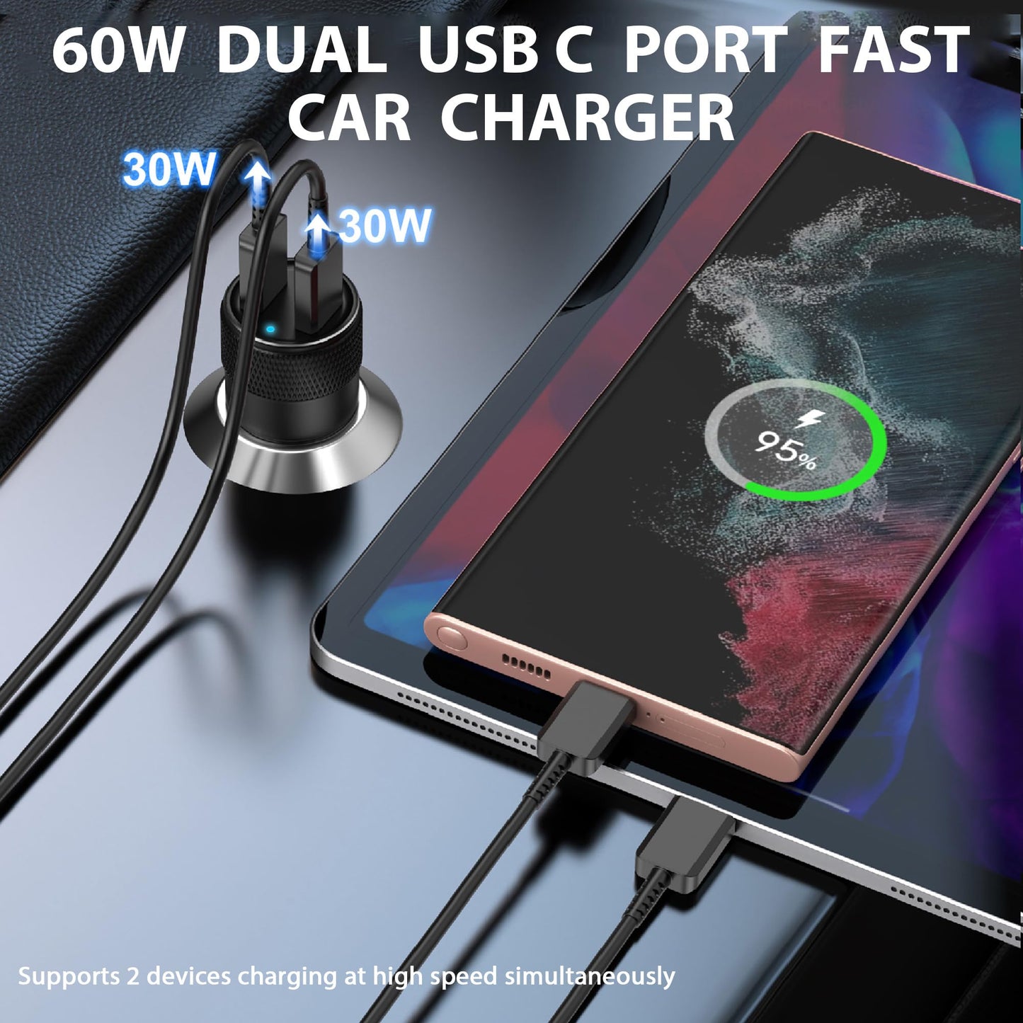 USB C Car Charger, 2Pack 60W Dual USB C Adapter Fast Charging Power Delivery Adapter Fast Type C Car Charger Plug Compatible with iPhone 17/17 Pro/17