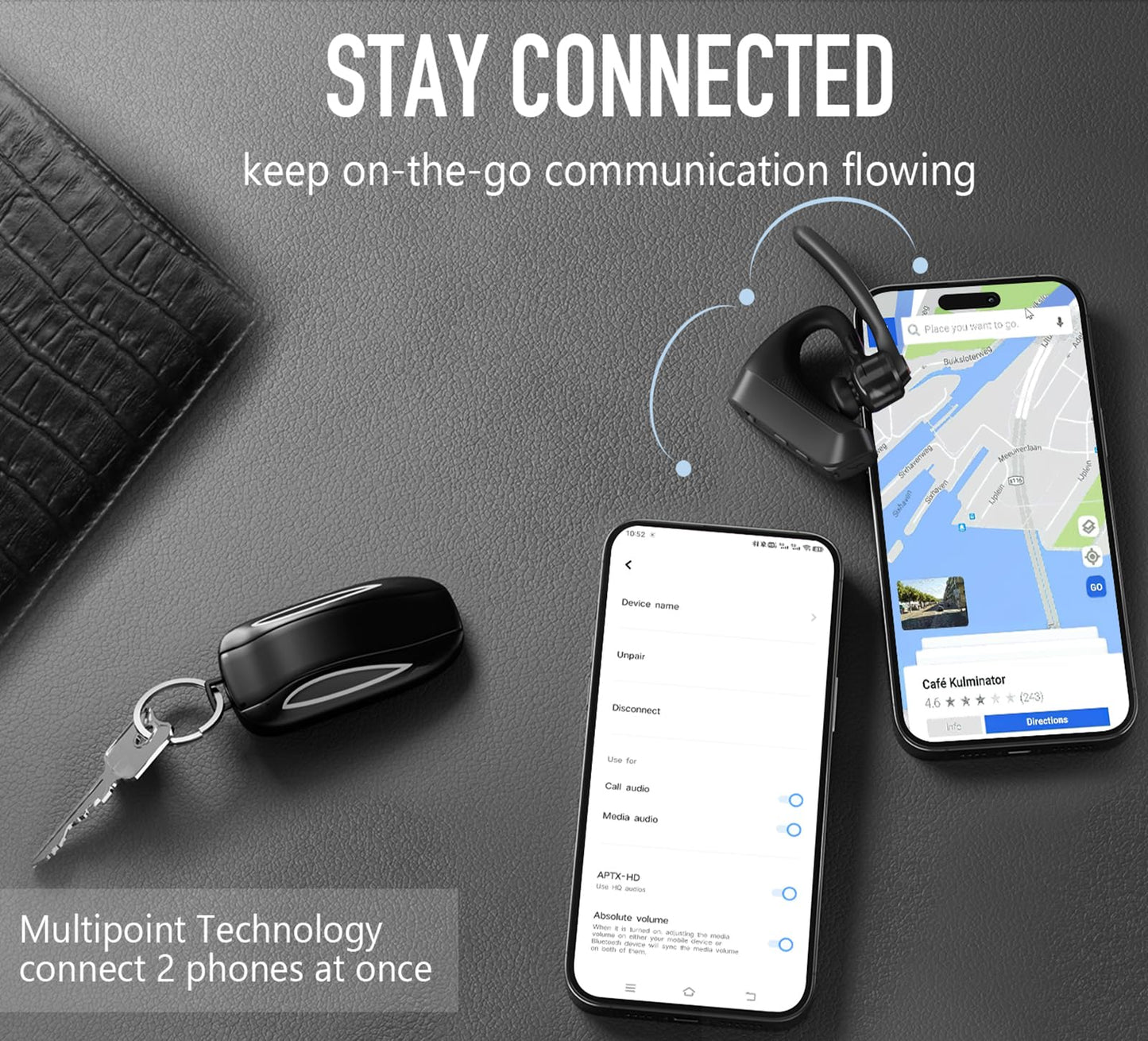 Conambo Bluetooth Headset with Dual Mic Noise Canceling & Mute Button Wireless Earpiece 16 Hrs Talking for Home Office Trucker - Compatible