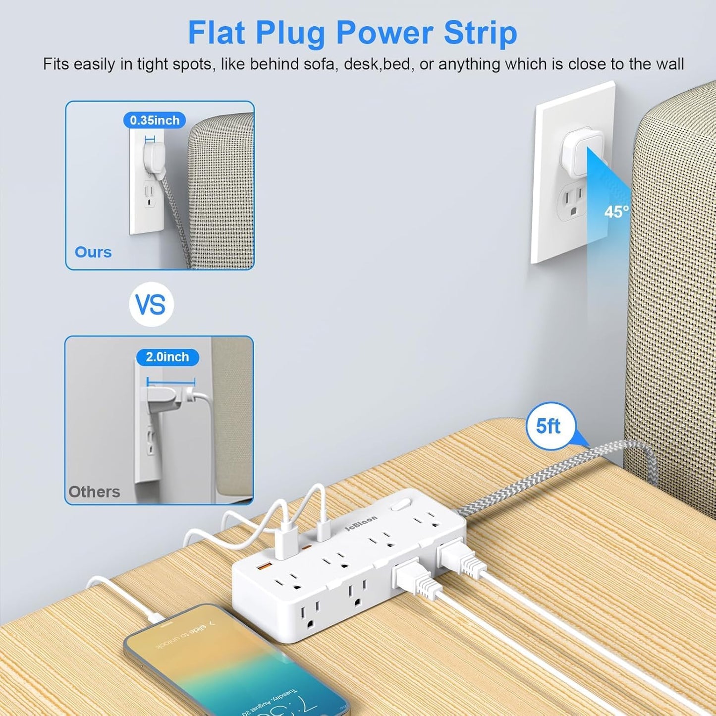 Power Strip Surge Protector - Multi Plug Outlet Adapter with 8 Widely Outlets & 4 USB Ports (2 USB-C), 5FT Extension Cord 45 ° Ultra Thin Flat Plug