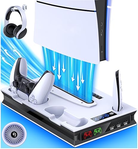 PS5 Pro/Slim/Ps5 Stand and Cooling Station with Controller Charging Station for Playsation 5 Disc Digital Consoles, PS5 Accessories Incl. 3 Levels