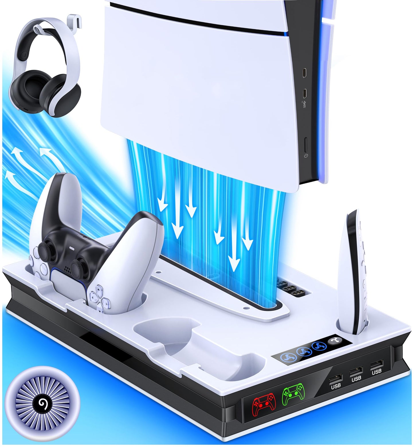 PS5 Pro/Slim/Ps5 Stand and Cooling Station with Controller Charging Station for Playsation 5 Disc Digital Consoles, PS5 Accessories Incl. 3 Levels