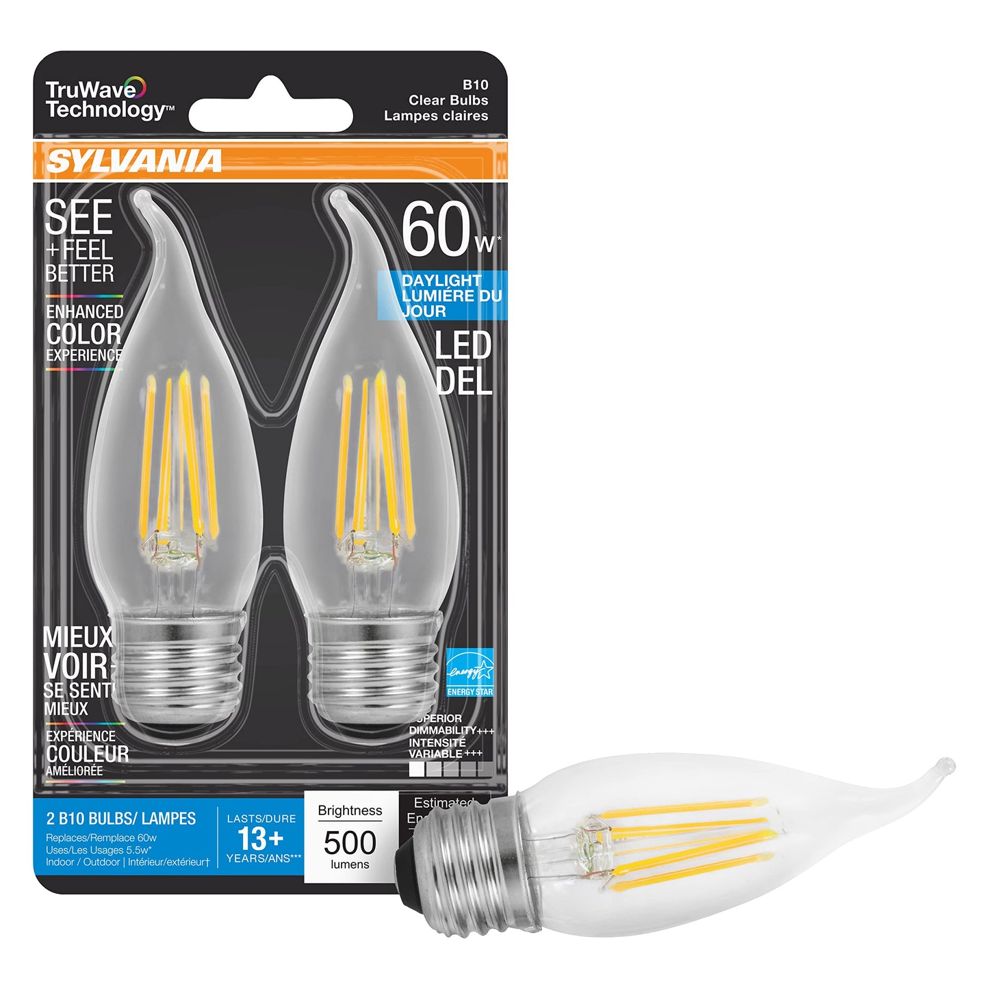 Sylvania LED TruWave Natural Series Candelabra Light Bulb, 60W Daylight Medium Base, Dimmable, Clear, Candle Tip - 2 Pack