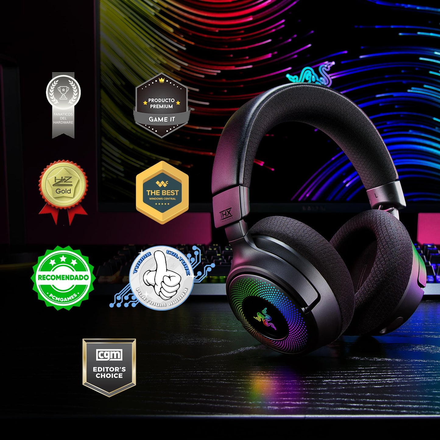 Razer Kraken V4 Wireless Gaming Headset: 2.4GHz, Bluetooth, USB - Super Wideband Mic - 40 mm Drivers - 9 Zone RGB Lighting - for PC, Mac, PS5