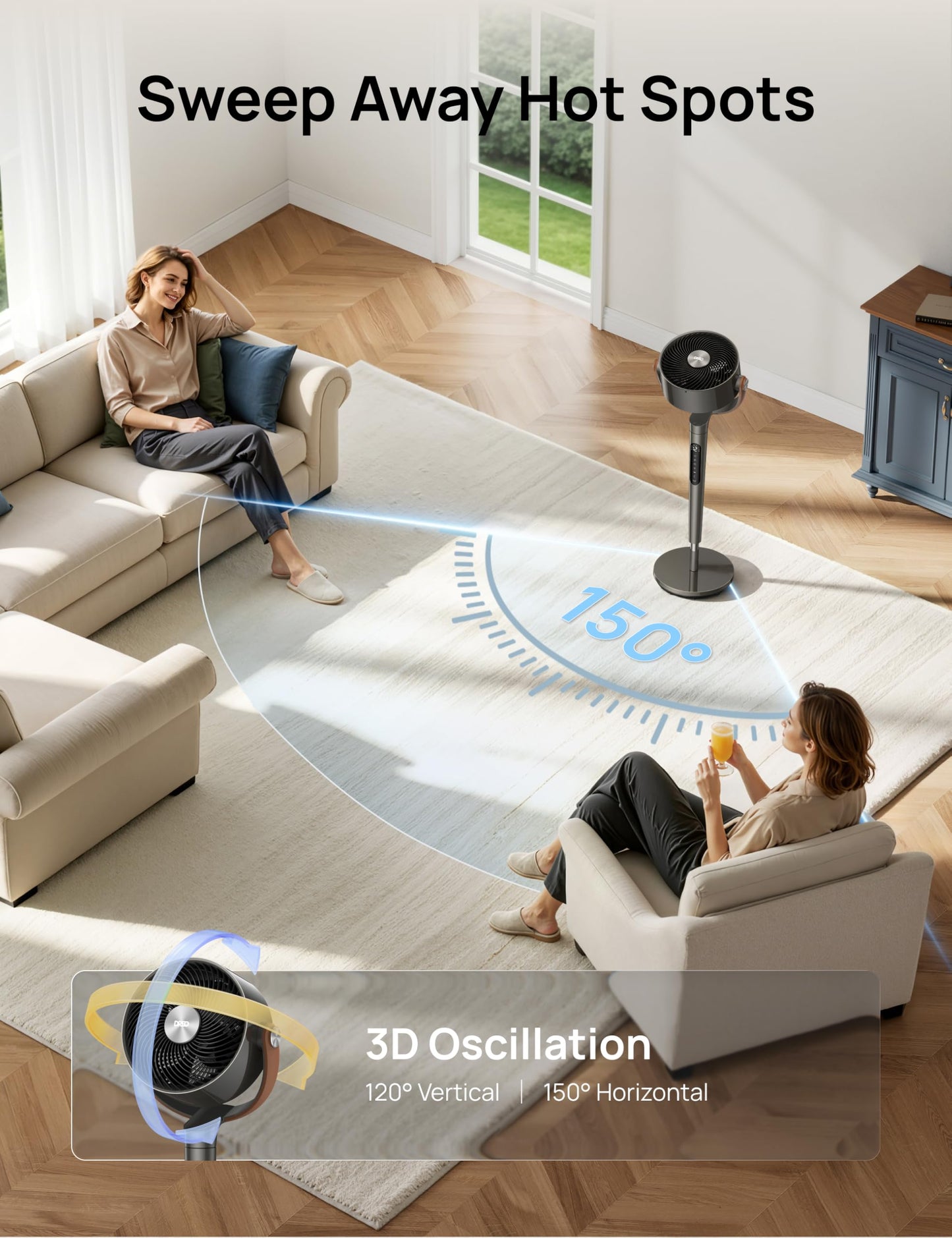 DREO Smart Fan for Bedroom, 120°+105° Omni-directional Oscillating, Quiet 20dB Fan, 100ft Air Circulator Pedestal Fan with DC Motor, 8 Speeds, 6