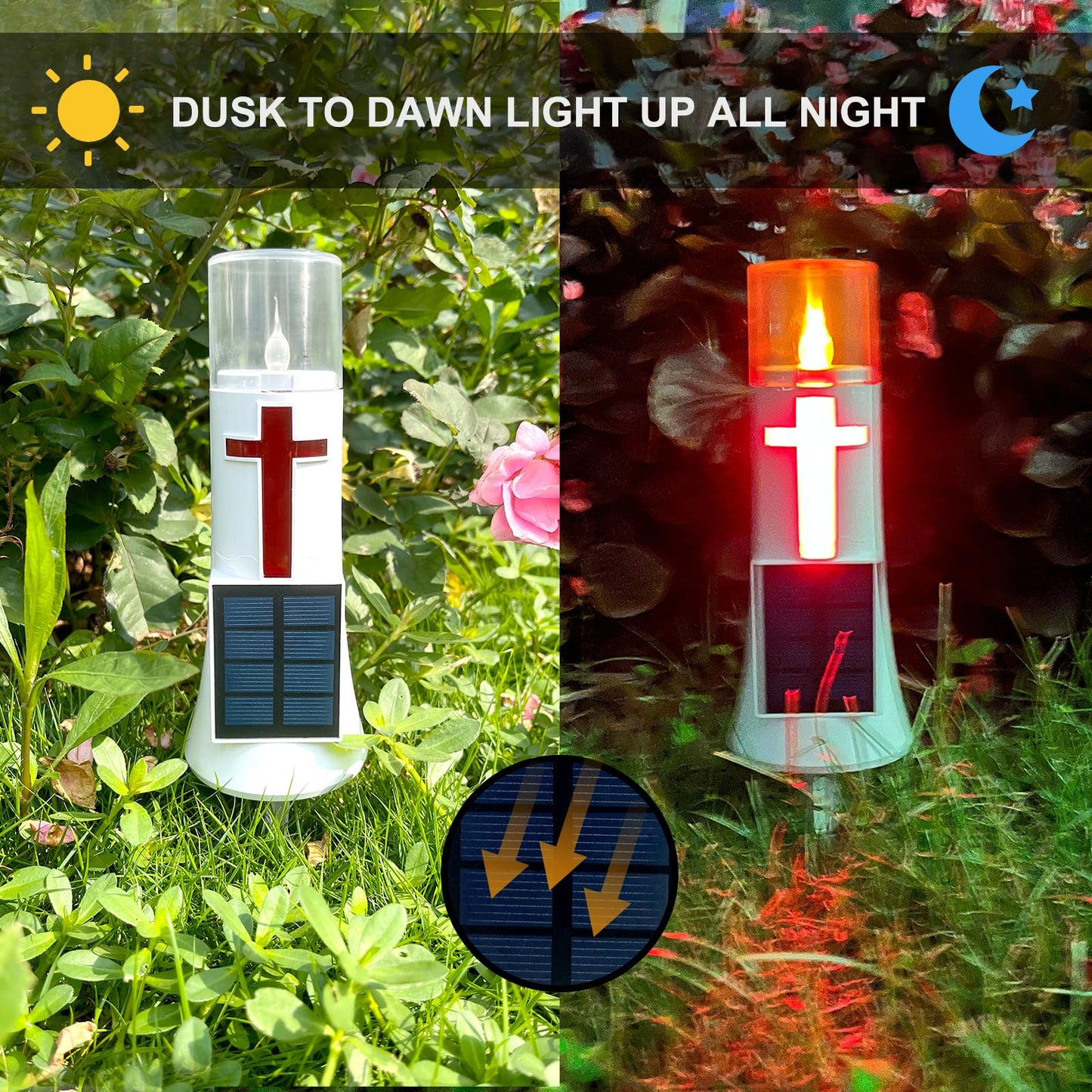 LILONZON Waterproof Outdoor Solar Powered Flameless Candle LED Light Cross Grave Decoration Cemetery Light Blessed Candles for Home Memorial