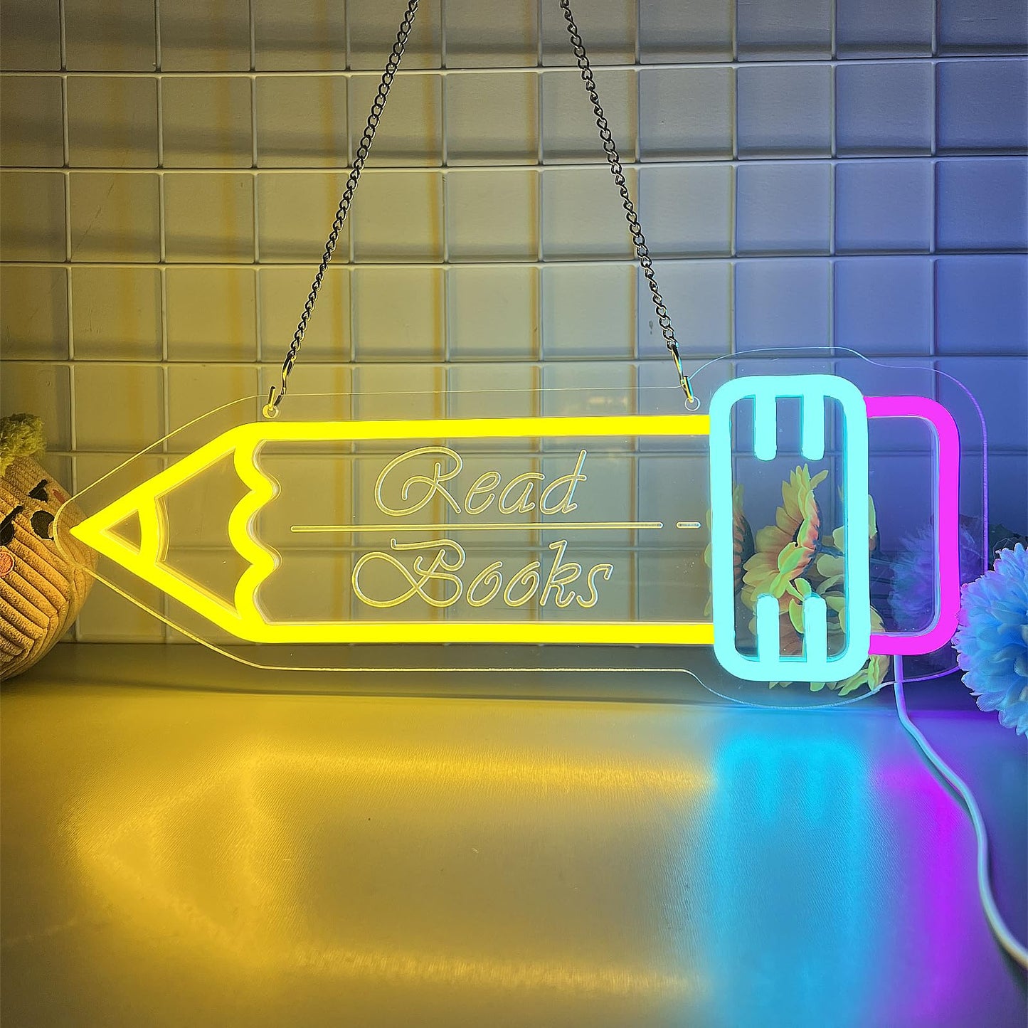Read Books Pencil Neon Sign, LED Neon Light with Metal Chain & Dimmable Switch, Creative Educational Neon Light for Classroom, Kids Bedroom, Library