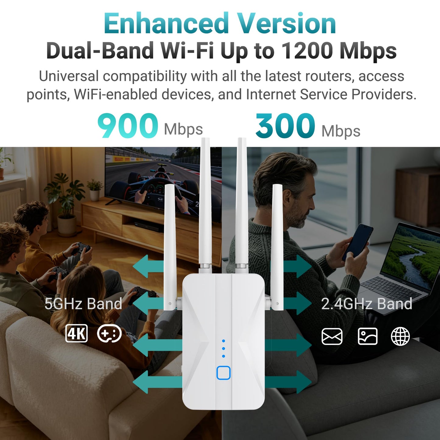 ROQRL WiFi Extender 2026 AC1200 Dual Band 5GHz/2.4GHz Signal Booster Up to 15,999 Sq.ft, 3-in-1 Wireless Repeater Router Amplifier for Home